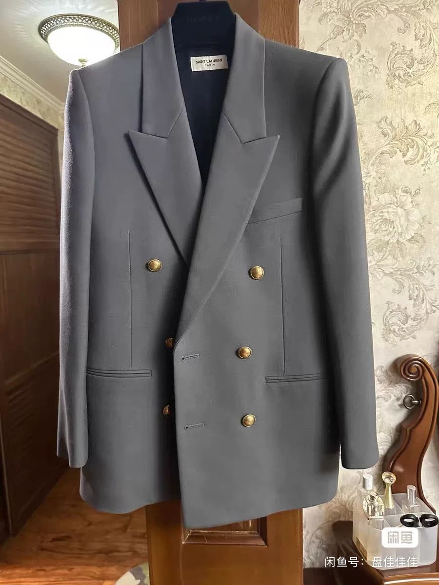 Saint Laurent Paris YSL Saint Laurent Gray Double-Breasted Blazer Size S / US 4 / IT 40 - 2 Thumbnail