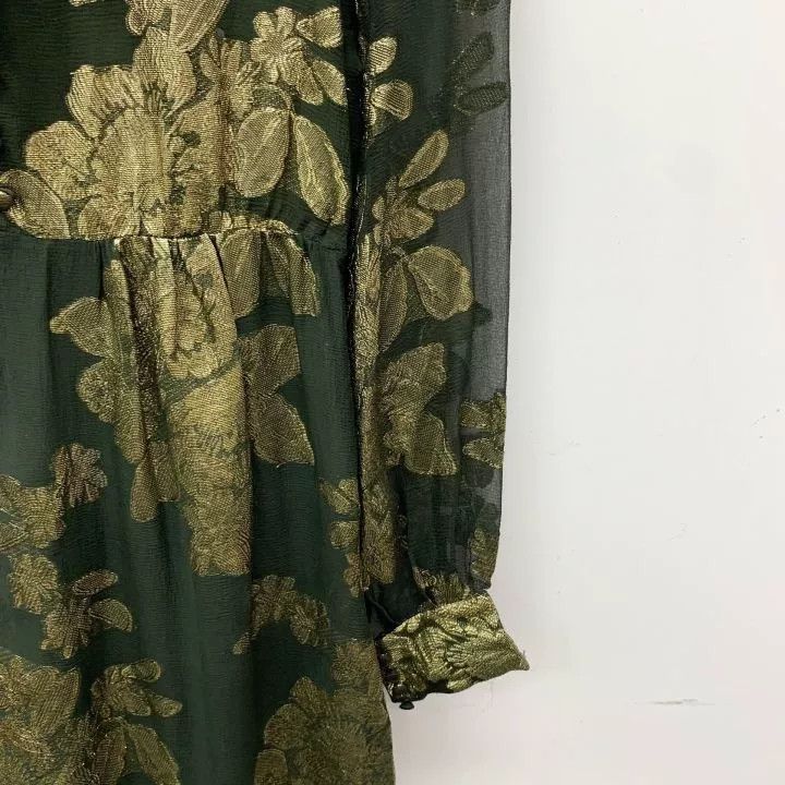 Saint Laurent Paris YSL Dark Green Gold Floral Silk Dress Size XS / US 0-2 / IT 36-38 - 4 Thumbnail