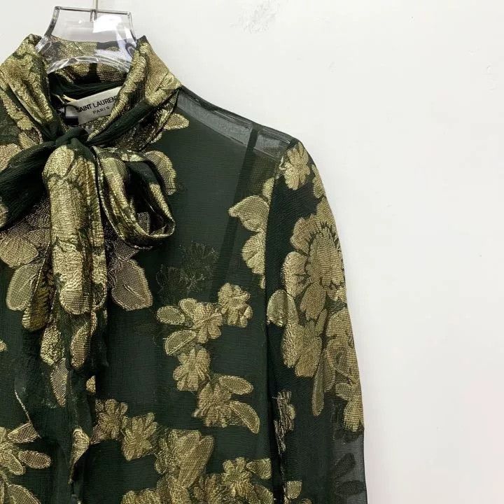 Saint Laurent Paris YSL Dark Green Gold Floral Silk Dress Size XS / US 0-2 / IT 36-38 - 3 Thumbnail