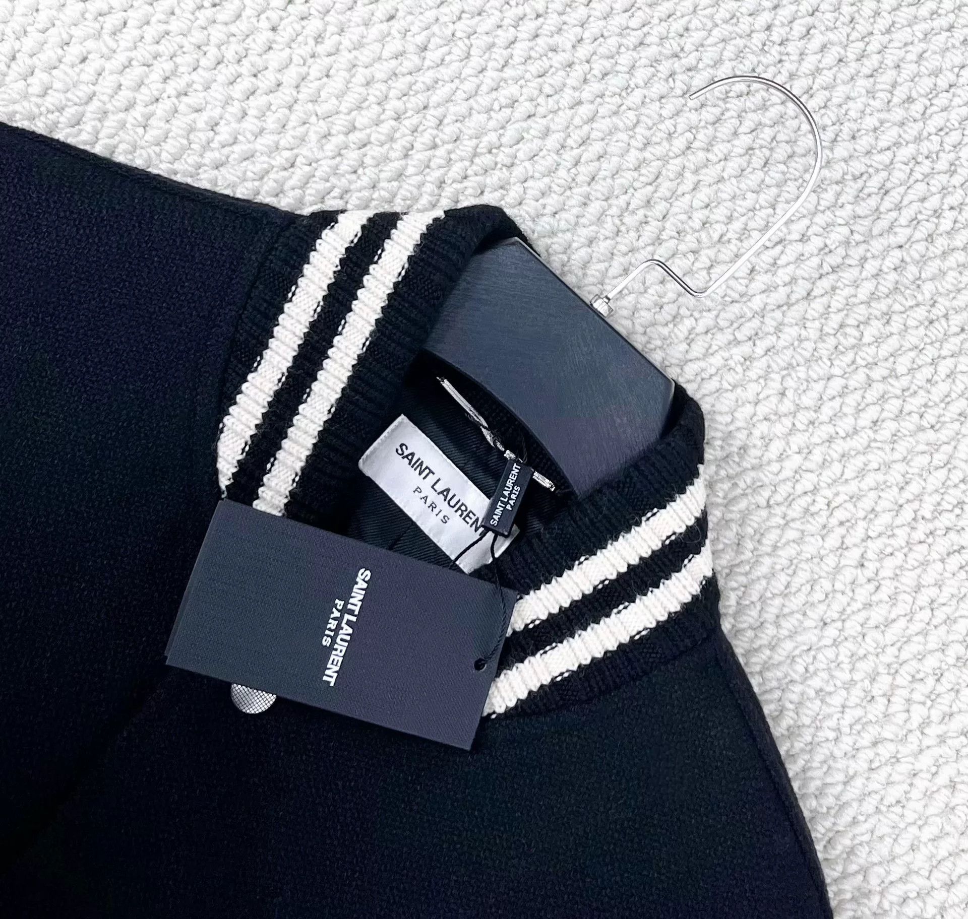 Saint Laurent Paris Saint Laurent Black Striped Wool Baseball Jacket Size US M / EU 48-50 / 2 - 3 Thumbnail
