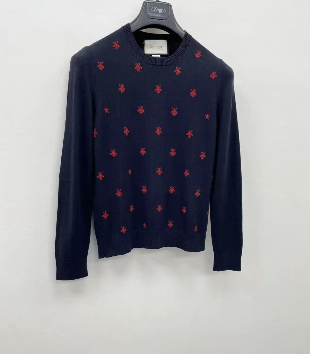 Gucci Blue Knit Sweater with Red Pattern - Size M Size US M / EU 48-50 / 2 - 2 Thumbnail