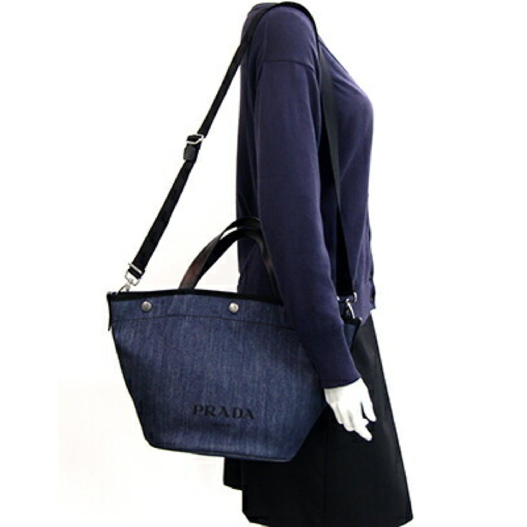 Prada Tote Bag 1BG244 Blue Black Denim Leather Shoulder Crossbody 