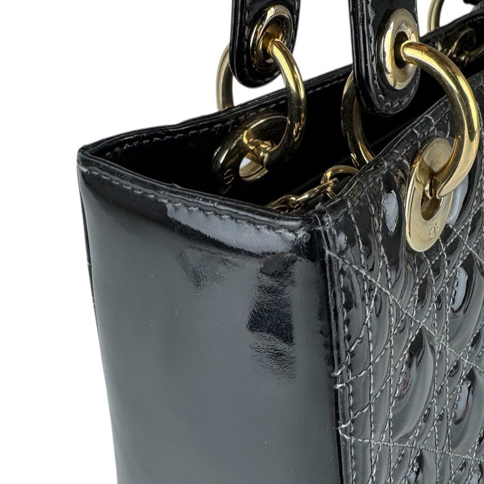 Dior Christian Dior Lady handbag/shoulder bag, patent leather, black and gold, women's, free shipping, z9043 Size ONE SIZE - 6 Thumbnail