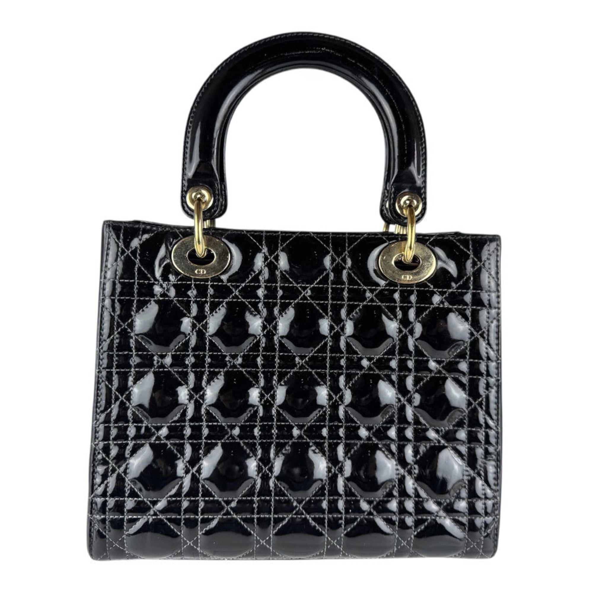 Dior Christian Dior Lady handbag/shoulder bag, patent leather, black and gold, women's, free shipping, z9043 Size ONE SIZE - 3 Thumbnail