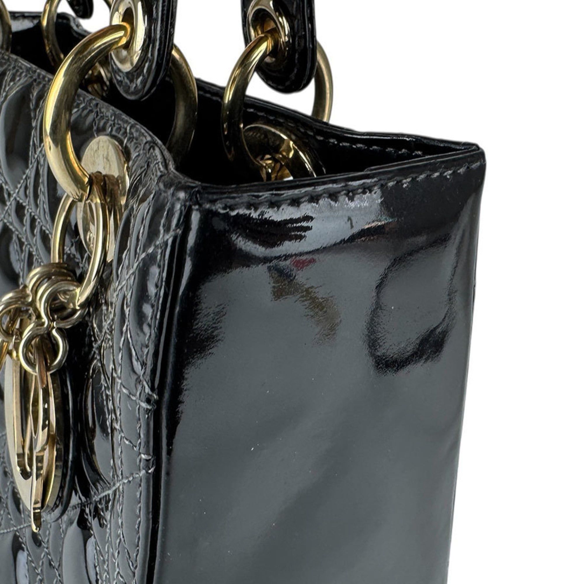 Dior Christian Dior Lady handbag/shoulder bag, patent leather, black and gold, women's, free shipping, z9043 Size ONE SIZE - 7 Thumbnail