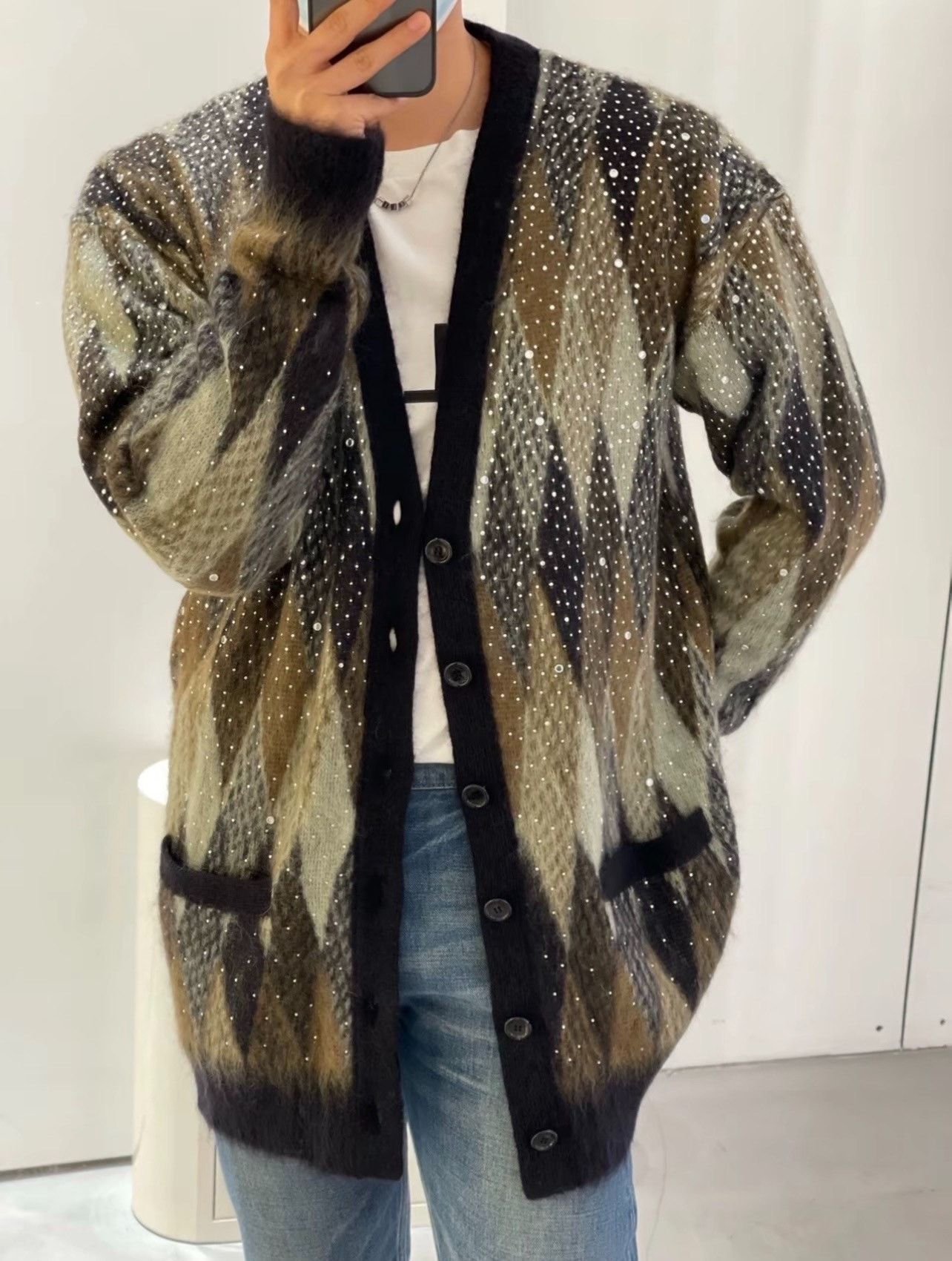 Hedi Slimane Celine FW22 Sequin Mohair Long Cardigan Size XXL / US 16-18 / IT 52-54 - 7 Thumbnail