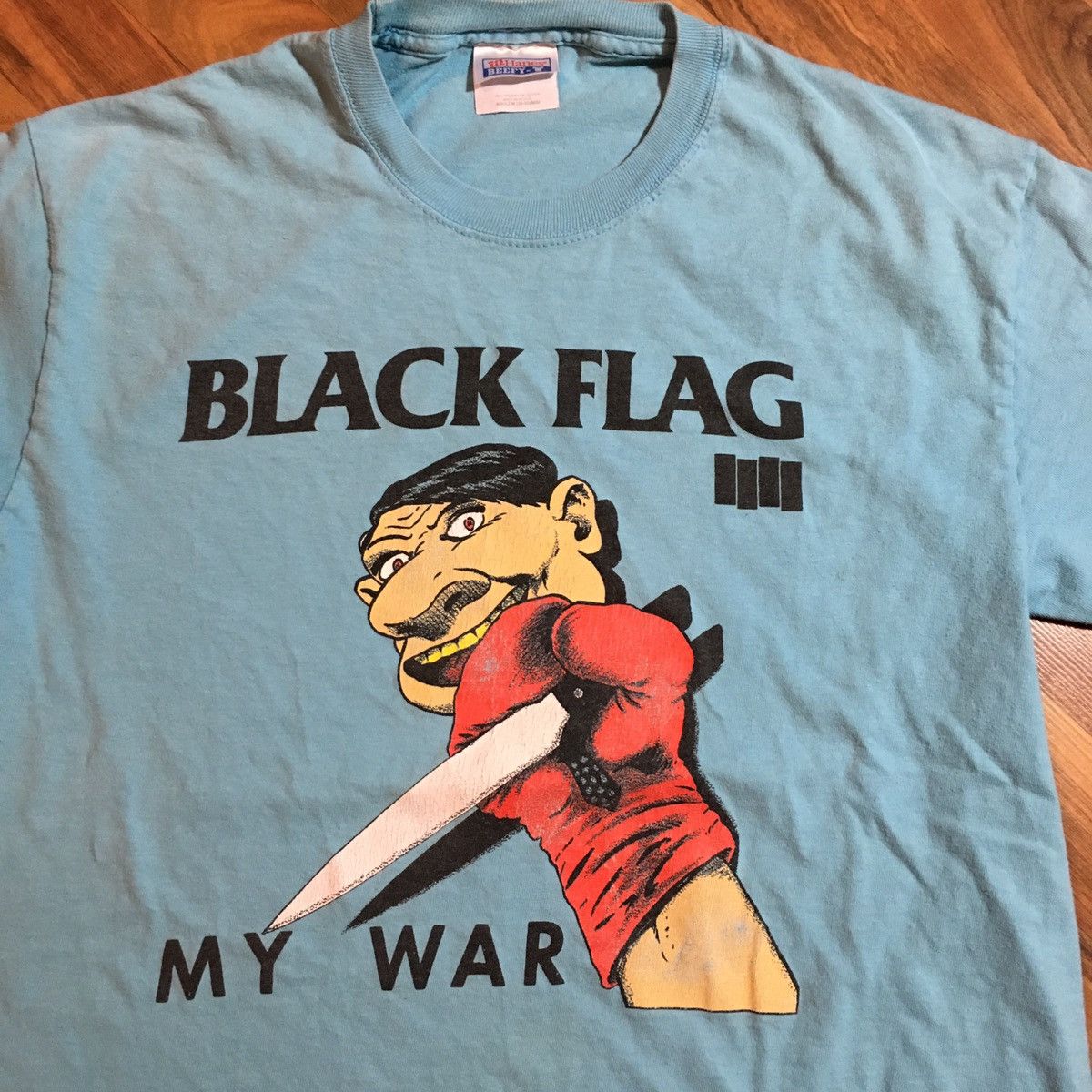 image of Band Tees x Vintage Black Flag My War Graphic Tee Shirt in Sky Blue, Men's (Size Medium)
