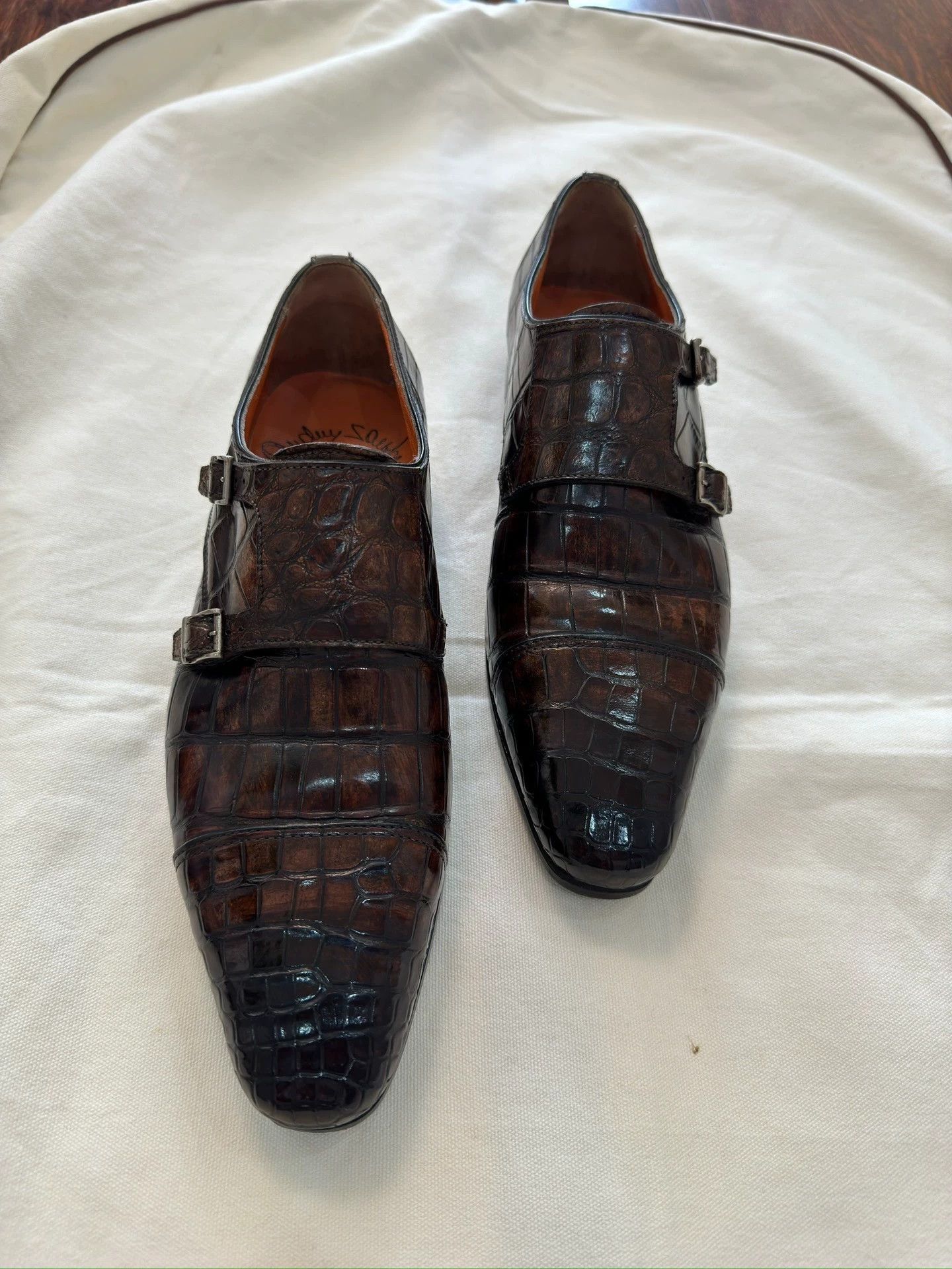 Santoni Brown Crocodile Texture Double Monk Strap Formal Shoes Size US 6.5 / EU 39-40 - 2 Thumbnail