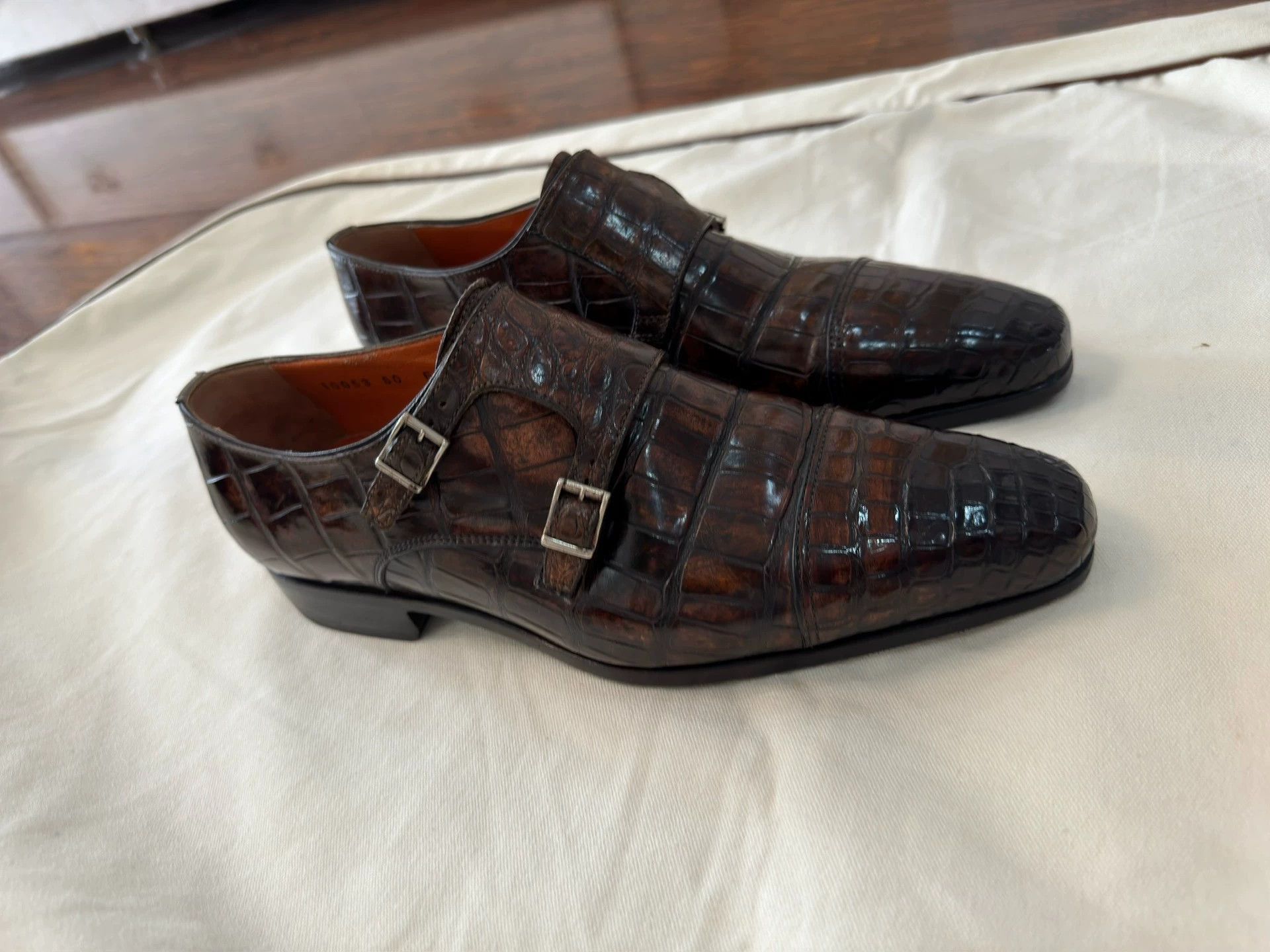 Santoni Brown Crocodile Texture Double Monk Strap Formal Shoes Size US 6.5 / EU 39-40 - 3 Thumbnail
