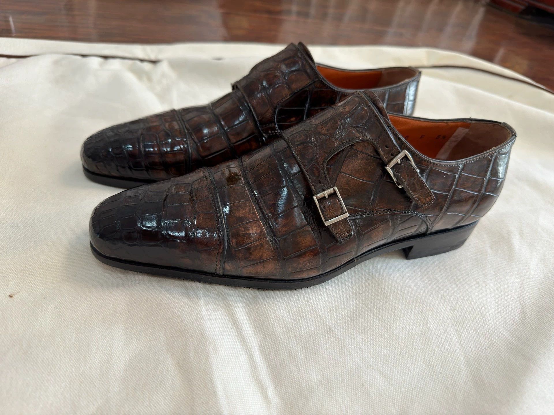 Santoni Brown Crocodile Texture Double Monk Strap Formal Shoes Size US 6.5 / EU 39-40 - 4 Thumbnail