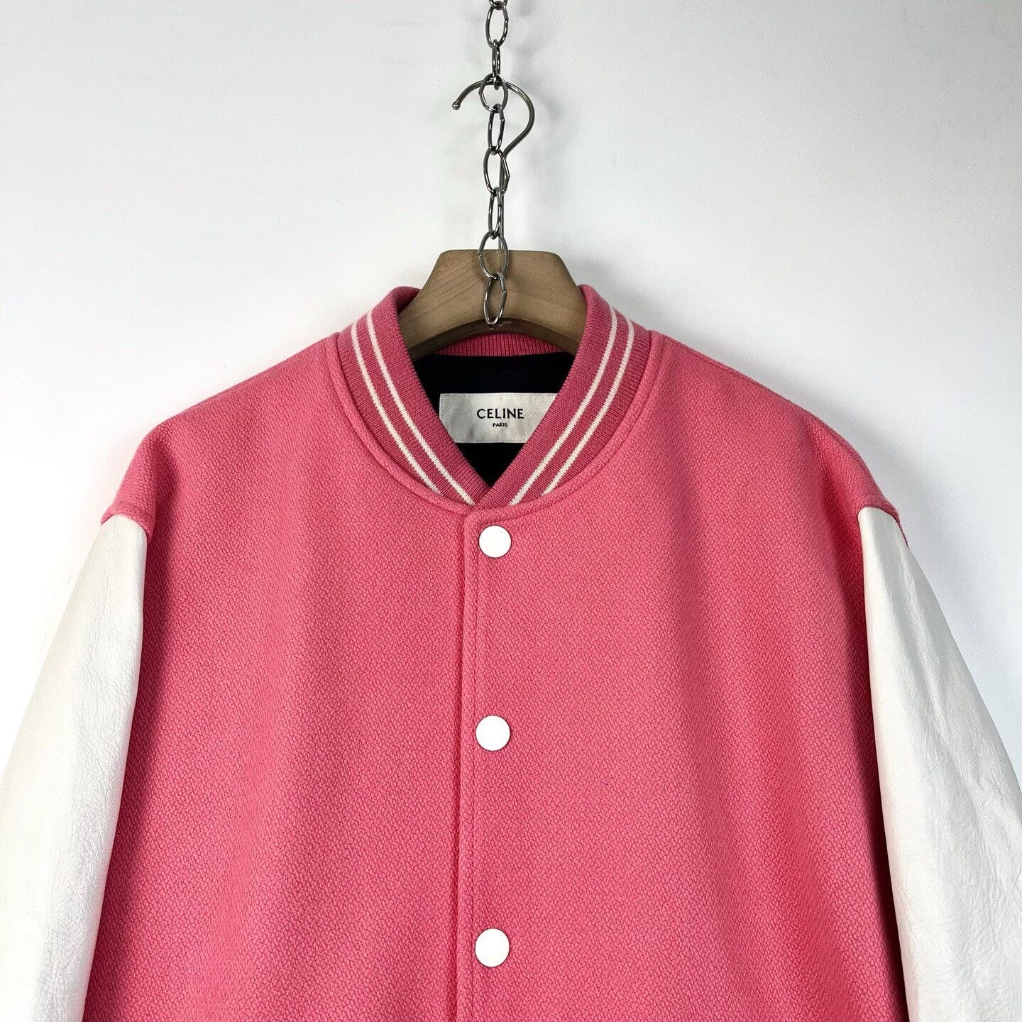 Celine Celine Pink White Leather Baseball Jacket Size XL / US 12-14 / IT 48-50 - 3 Thumbnail
