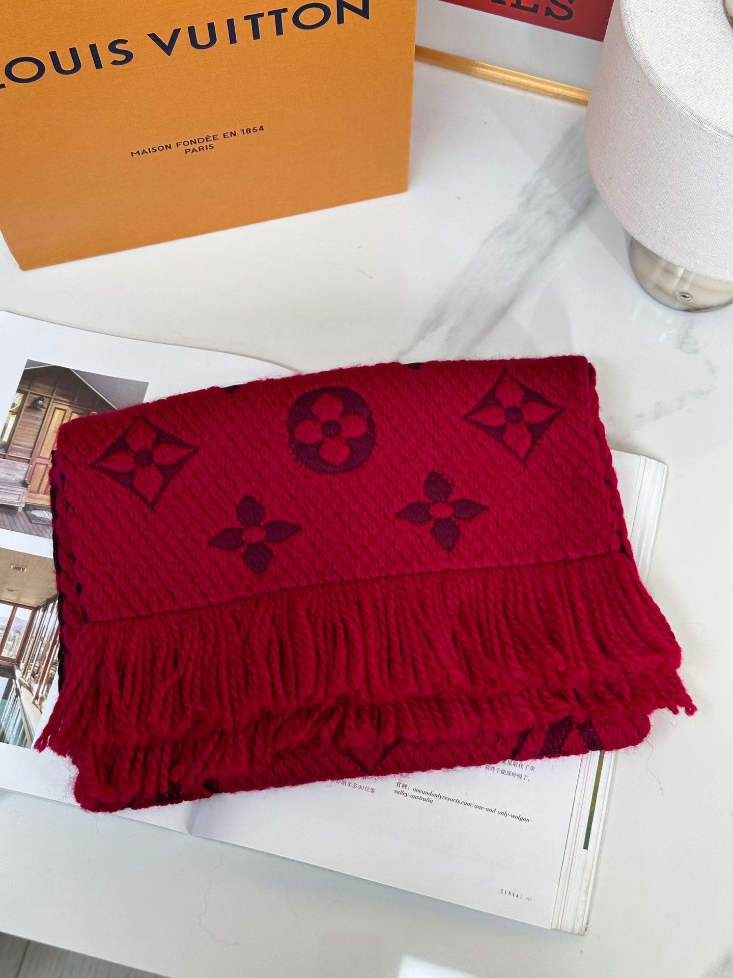 Louis Vuitton LV Ruby Red Logo Print Fringe Scarf Size ONE SIZE - 2 Thumbnail