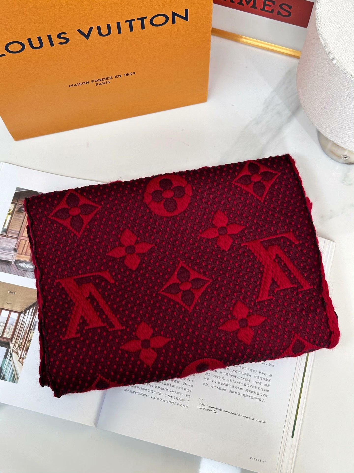Louis Vuitton LV Ruby Red Logo Print Fringe Scarf Size ONE SIZE - 3 Thumbnail