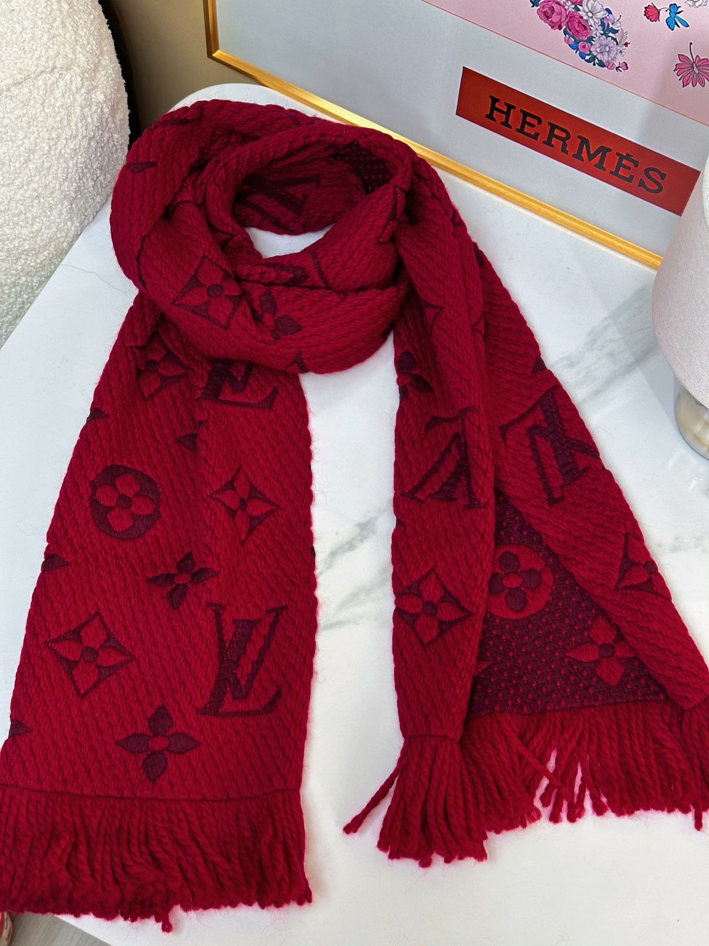 Louis Vuitton LV Ruby Red Logo Print Fringe Scarf Size ONE SIZE - 4 Thumbnail
