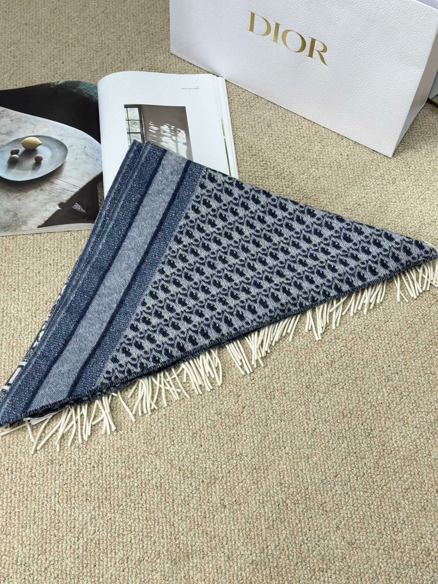 Dior DIOR Blue Triangle Fringe Cashmere Shawl Size ONE SIZE - 2 Thumbnail