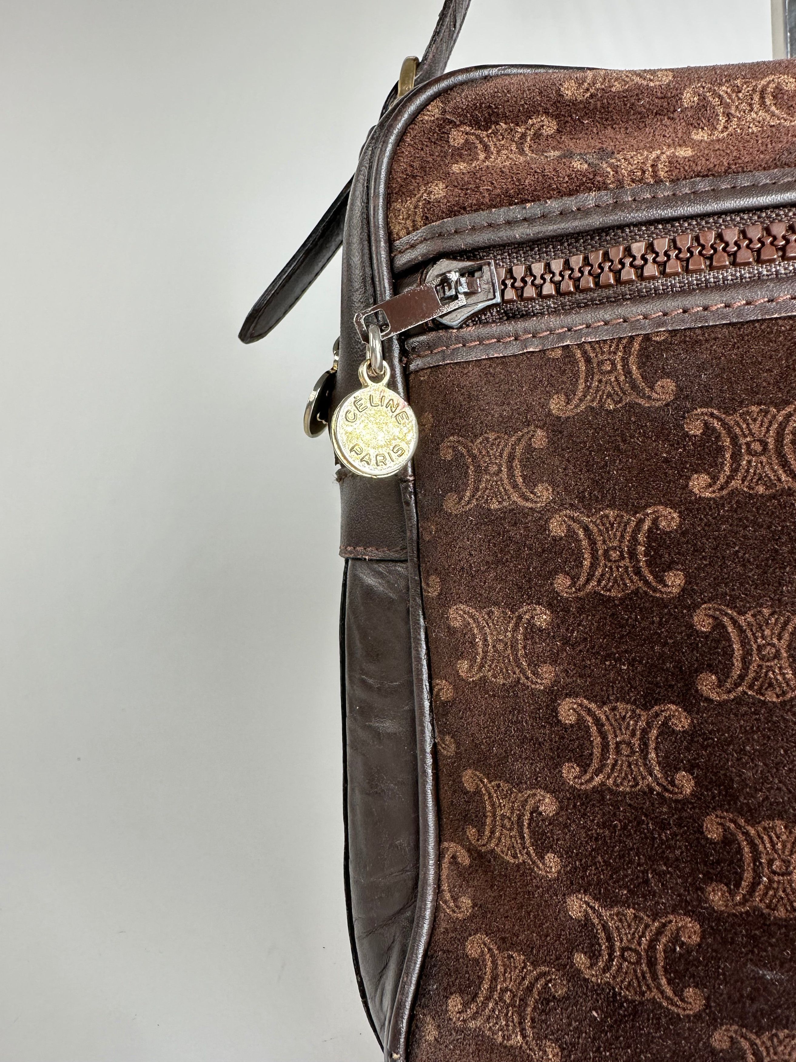 Celine Vintage Paris Triomphe Monogram Suede Shoulder Bag Brown Size ONE SIZE - 3 Thumbnail