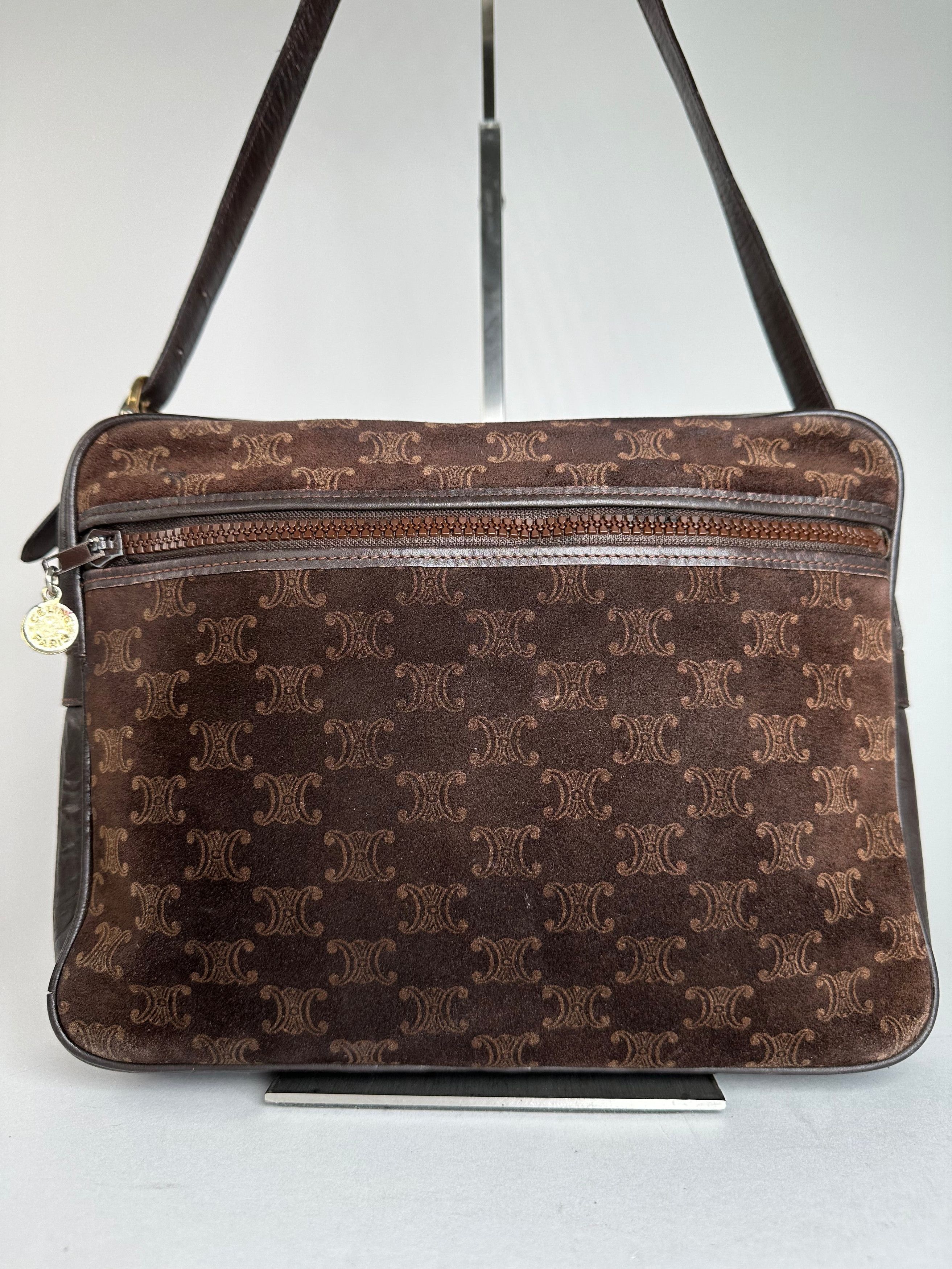 Celine Vintage Paris Triomphe Monogram Suede Shoulder Bag Brown Size ONE SIZE - 10 Thumbnail