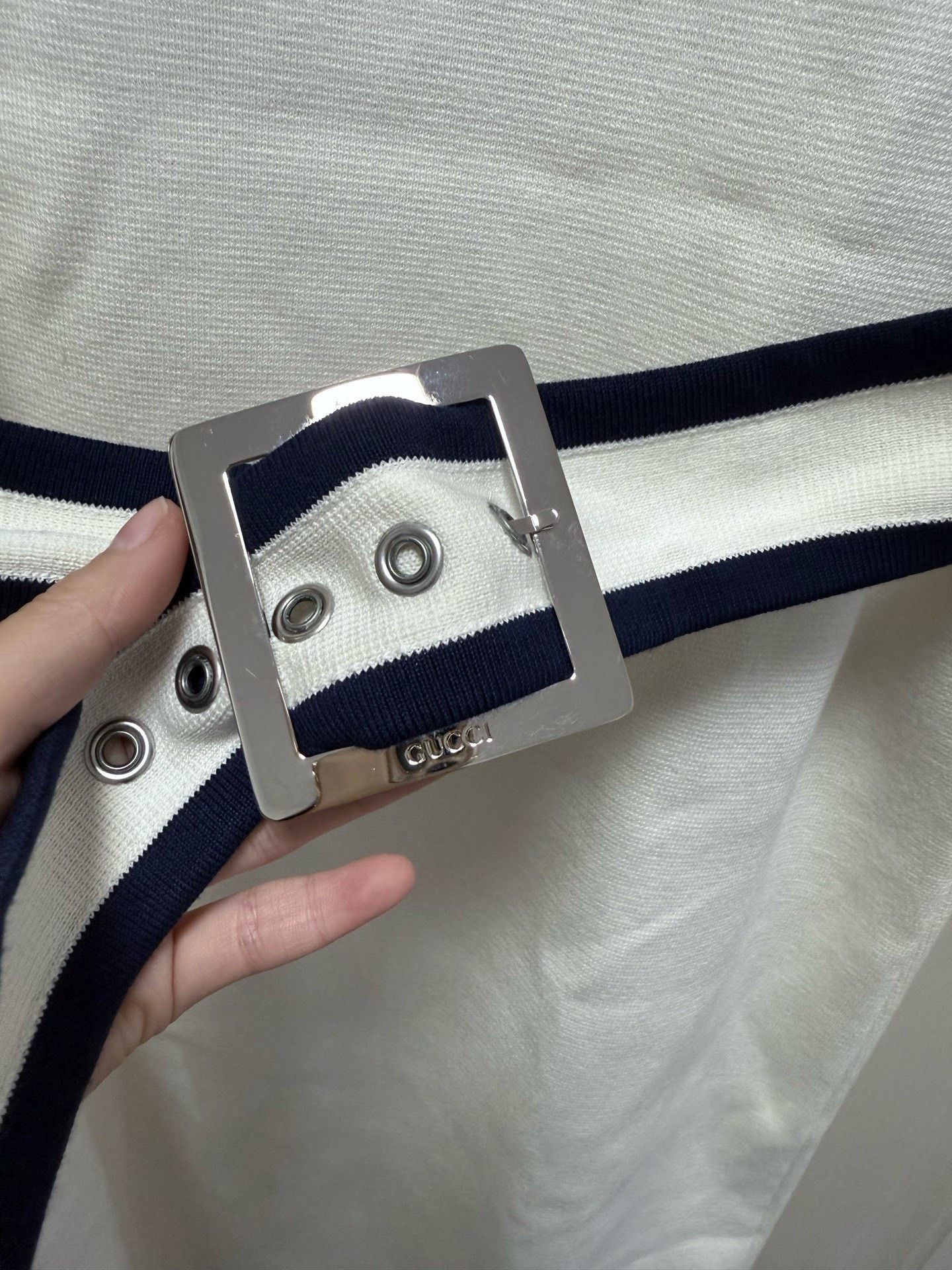 Gucci Gucci White Navy Trim Round Neck Dress Size L / US 10 / IT 46 - 4 Thumbnail