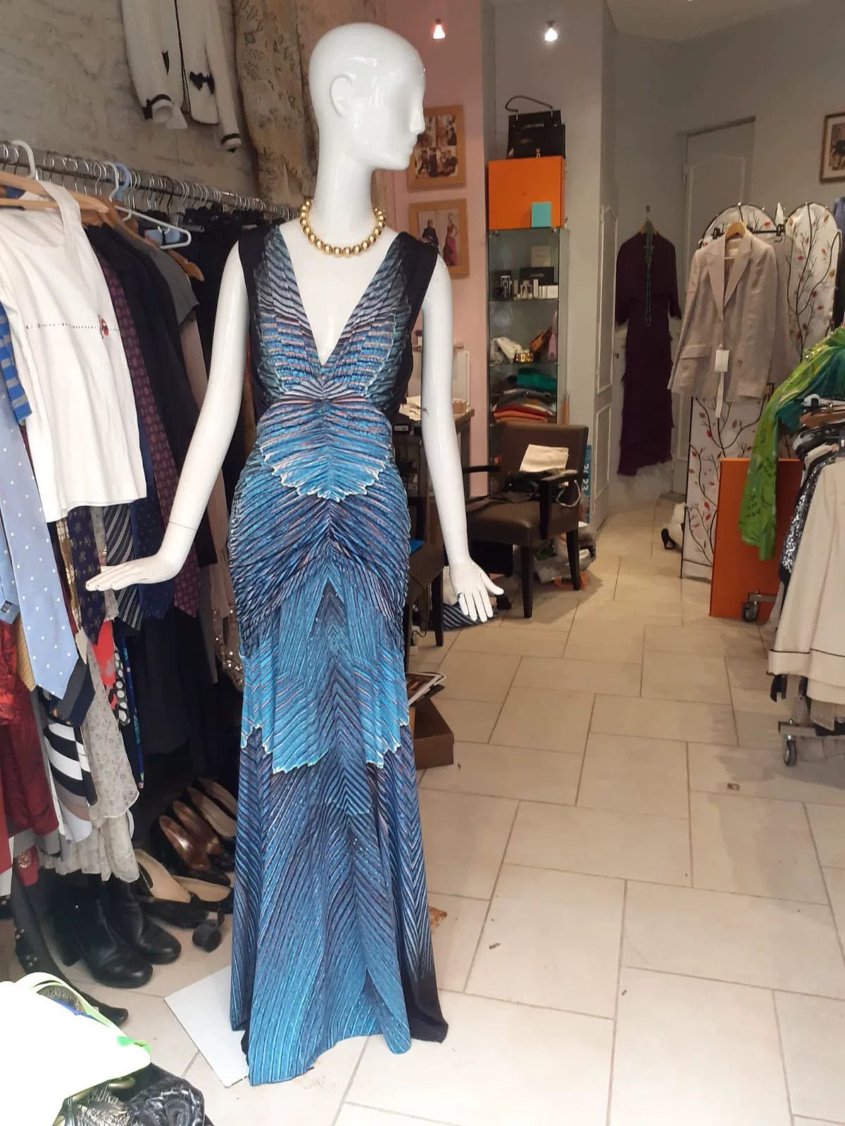 Saint Laurent Paris Roberto Cavalli Blue Patterned Ruched Dress Size M / US 6-8 / IT 42-44 - 4 Thumbnail