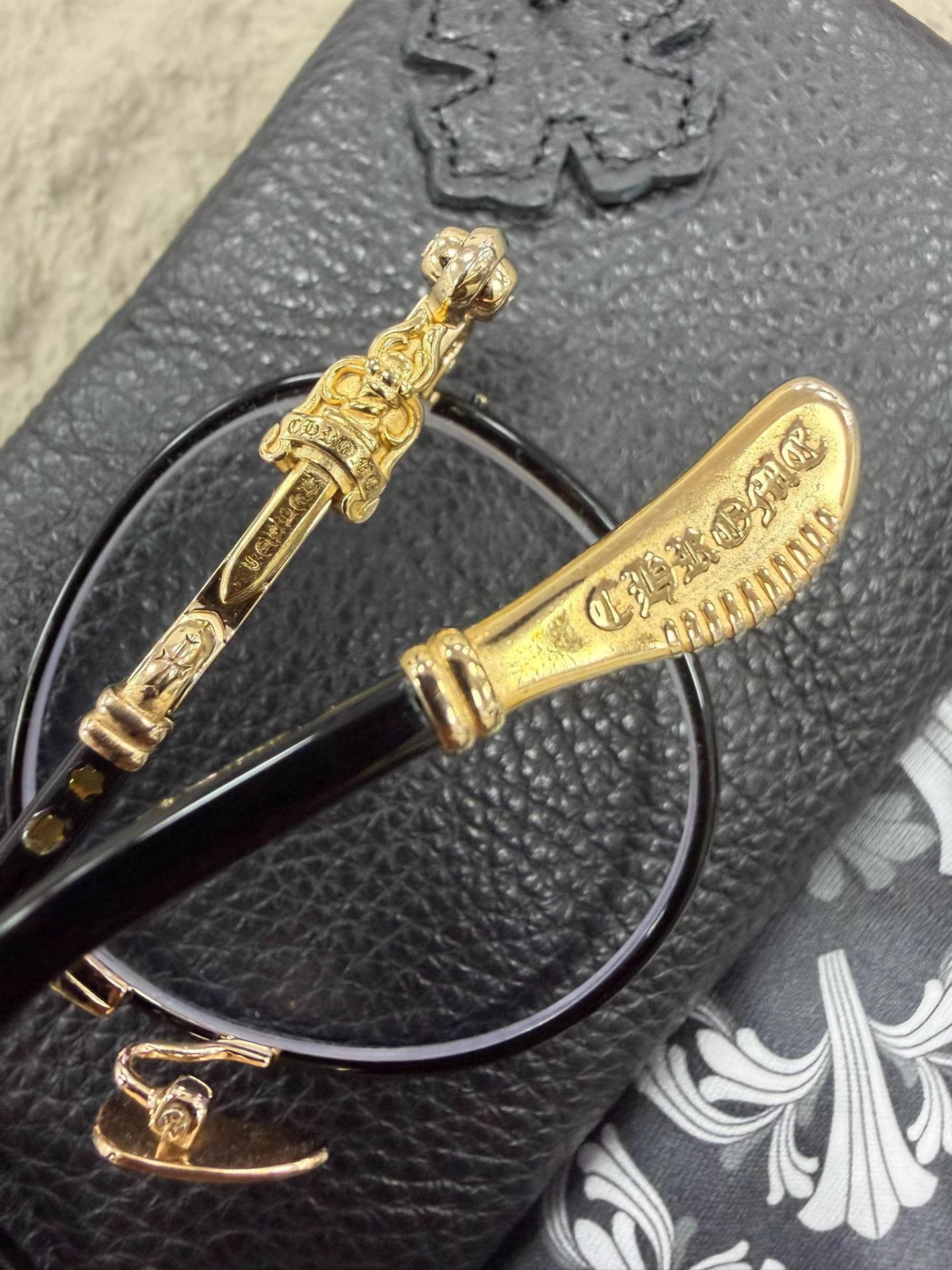 Chrome Hearts Black Round Frame Glasses with Gold Accents Size ONE SIZE - 3 Thumbnail
