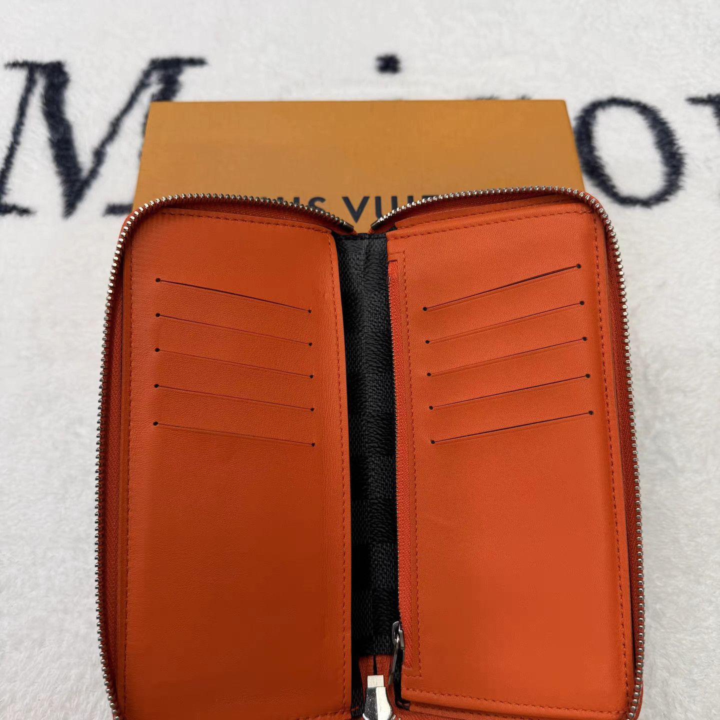 Louis Vuitton Black Checkered Zip-Around Wallet with Orange Accent Size ONE SIZE - 5 Thumbnail