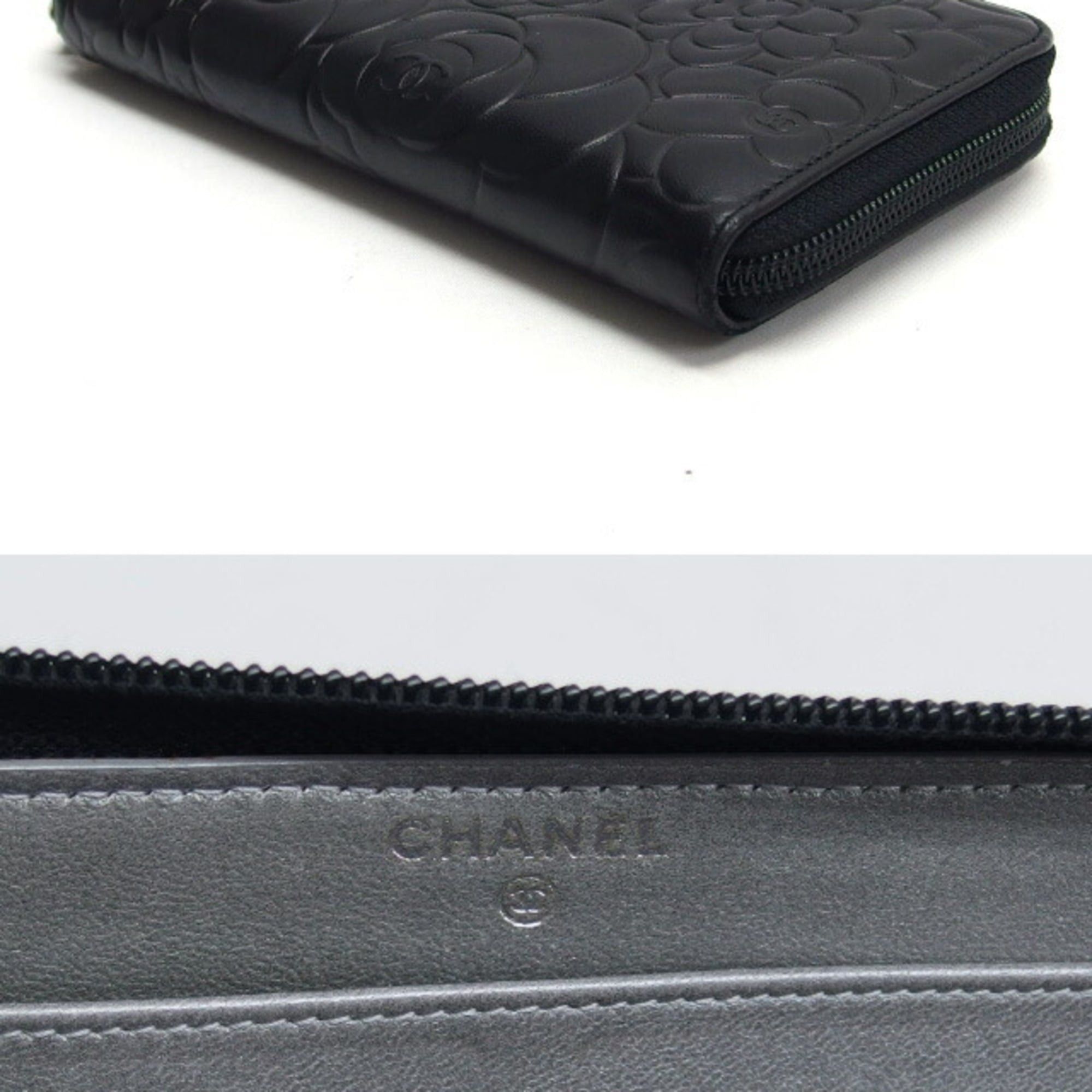 Chanel Chanel lambskin embossed with camellia pattern, round zip wallet, black. Size ONE SIZE - 4 Thumbnail