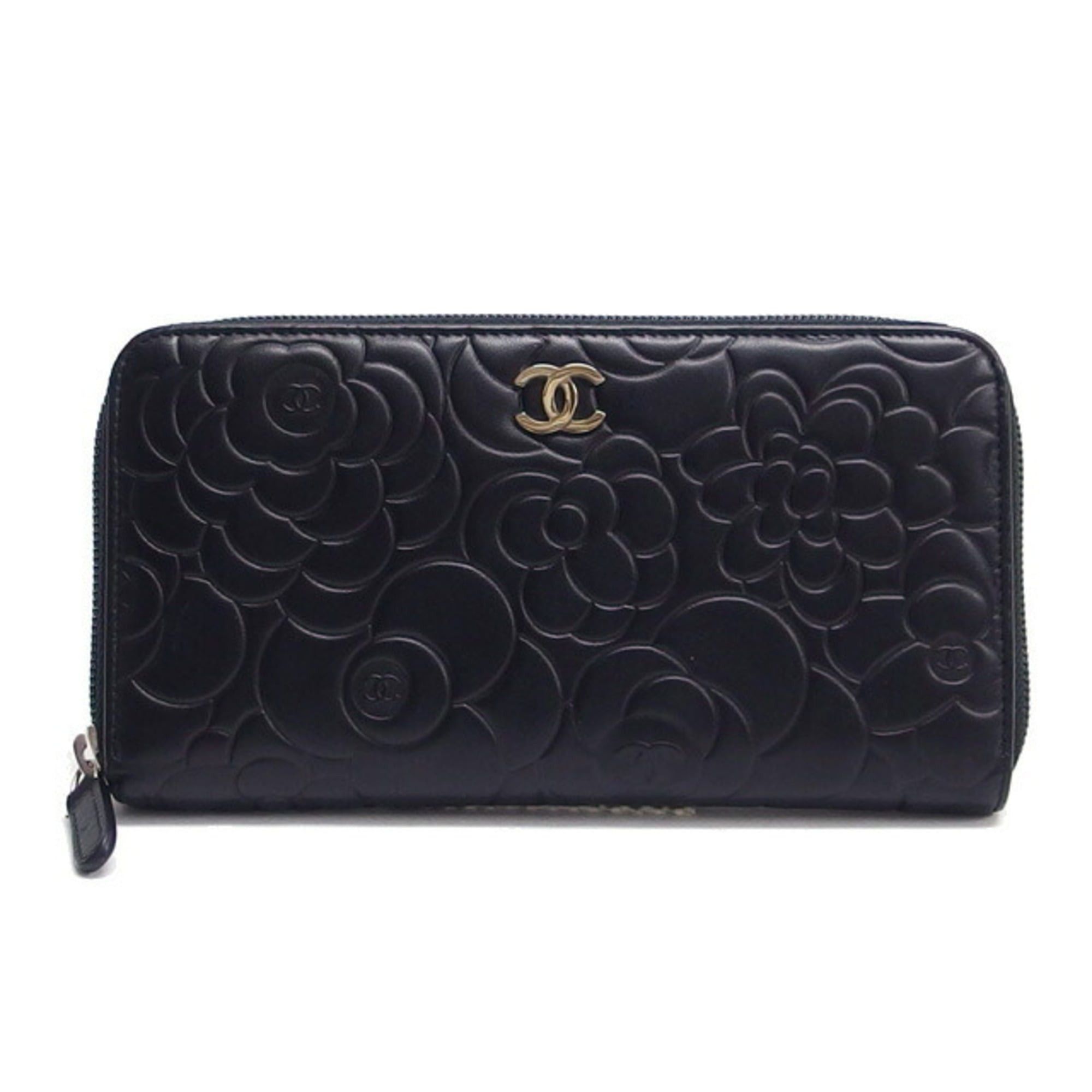 Chanel Chanel lambskin embossed with camellia pattern, round zip wallet, black. Size ONE SIZE - 2 Thumbnail