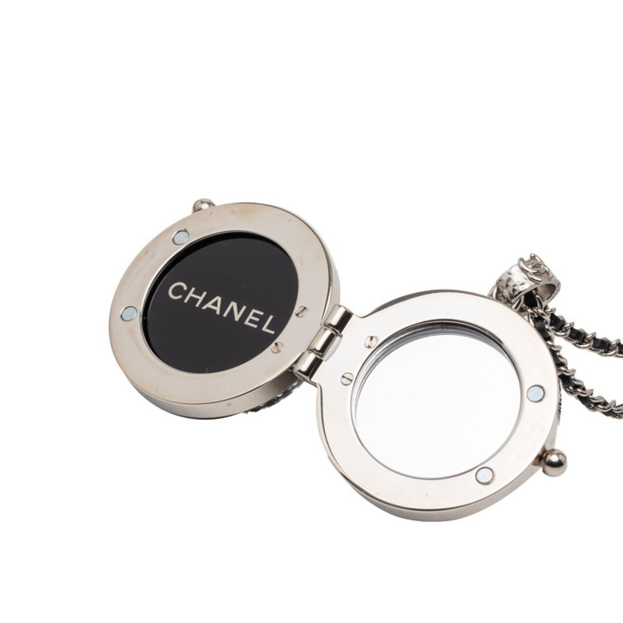 Chanel Chanel Coco Mark Rhinestone Mirror Necklace, Silver, Black Metal Leather, Women's CHANEL Size ONE SIZE - 3 Thumbnail