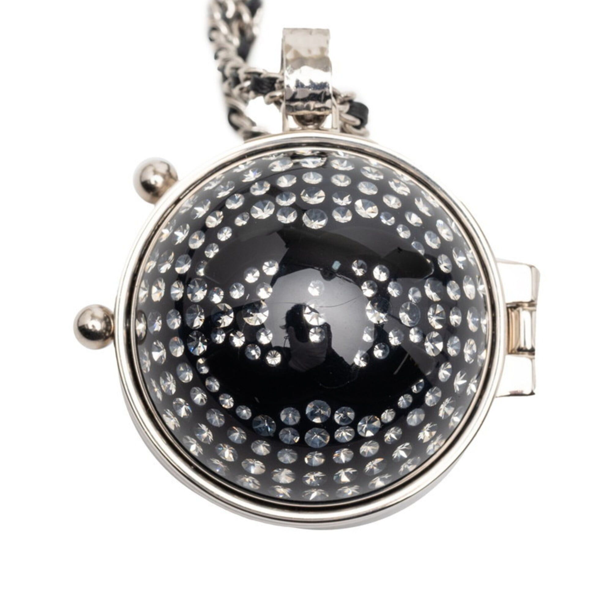 Chanel Chanel Coco Mark Rhinestone Mirror Necklace, Silver, Black Metal Leather, Women's CHANEL Size ONE SIZE - 2 Thumbnail