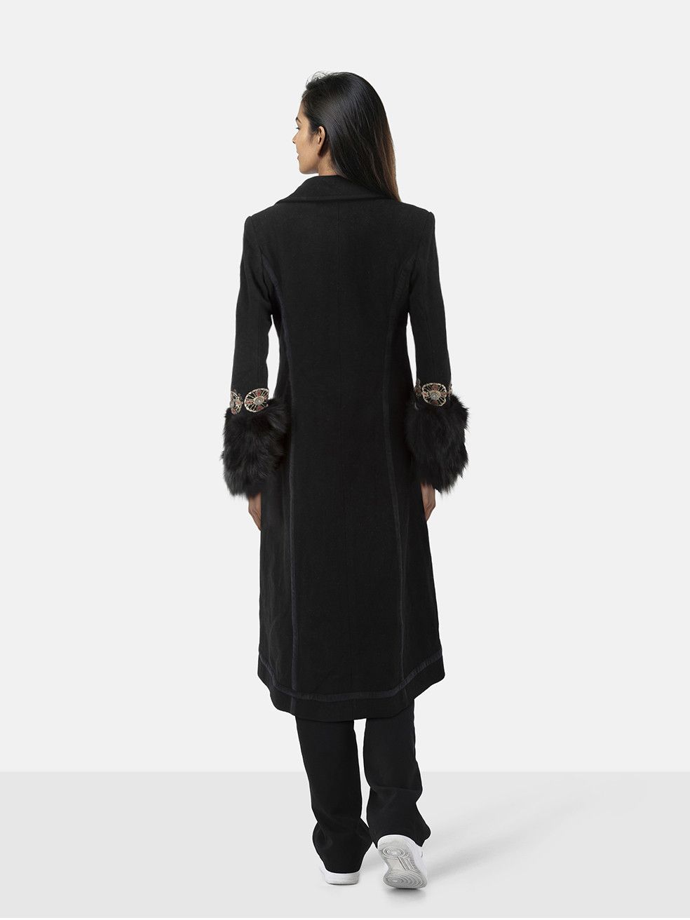 John Galliano Black Wool Fox Fur Cuff Long Coat Size S / US 4 / IT 40 - 2 Thumbnail