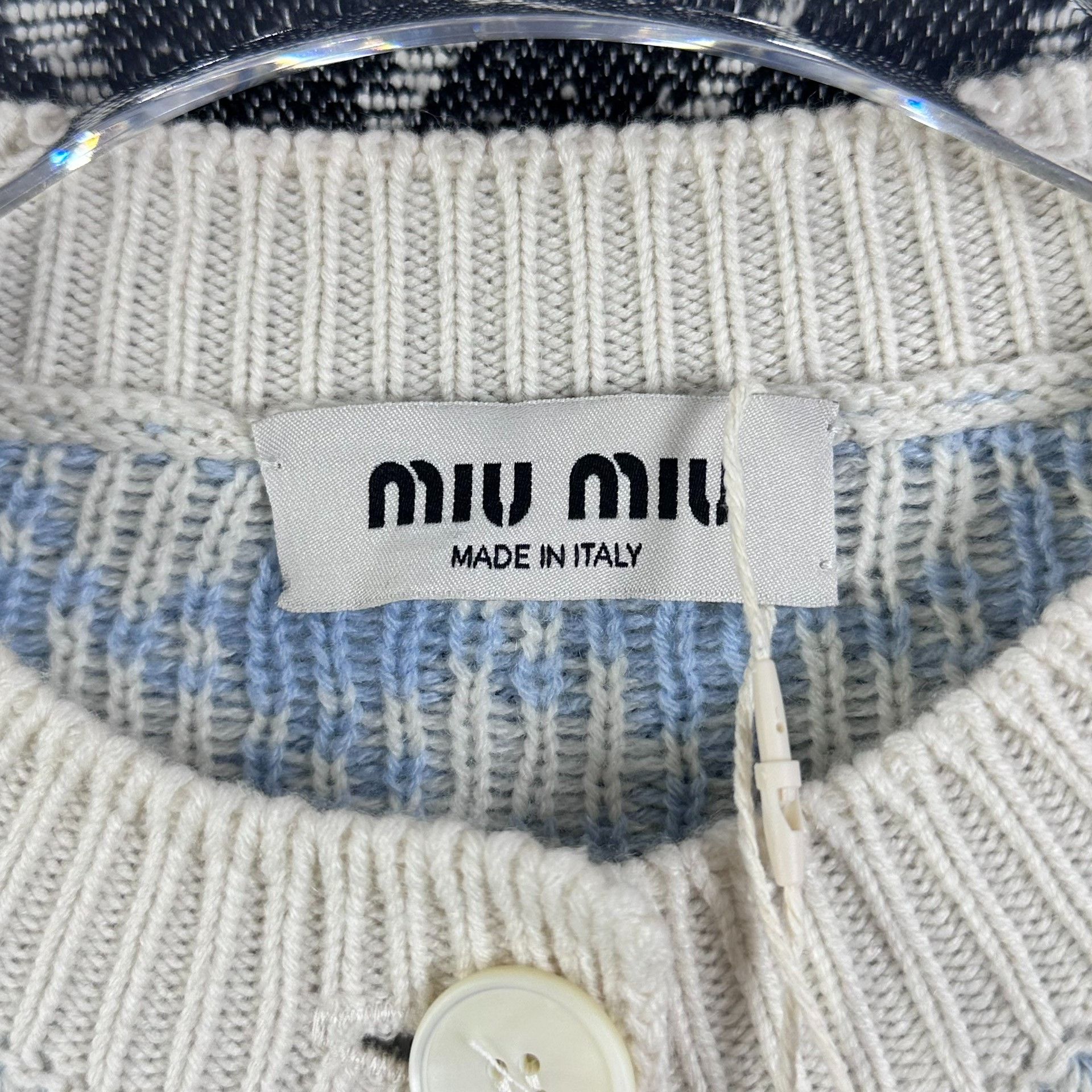 Miu Miu Miumiu Blue Embroidered Logo Houndstooth Cashmere Cardigan Size S / US 4 / IT 40 - 4 Thumbnail