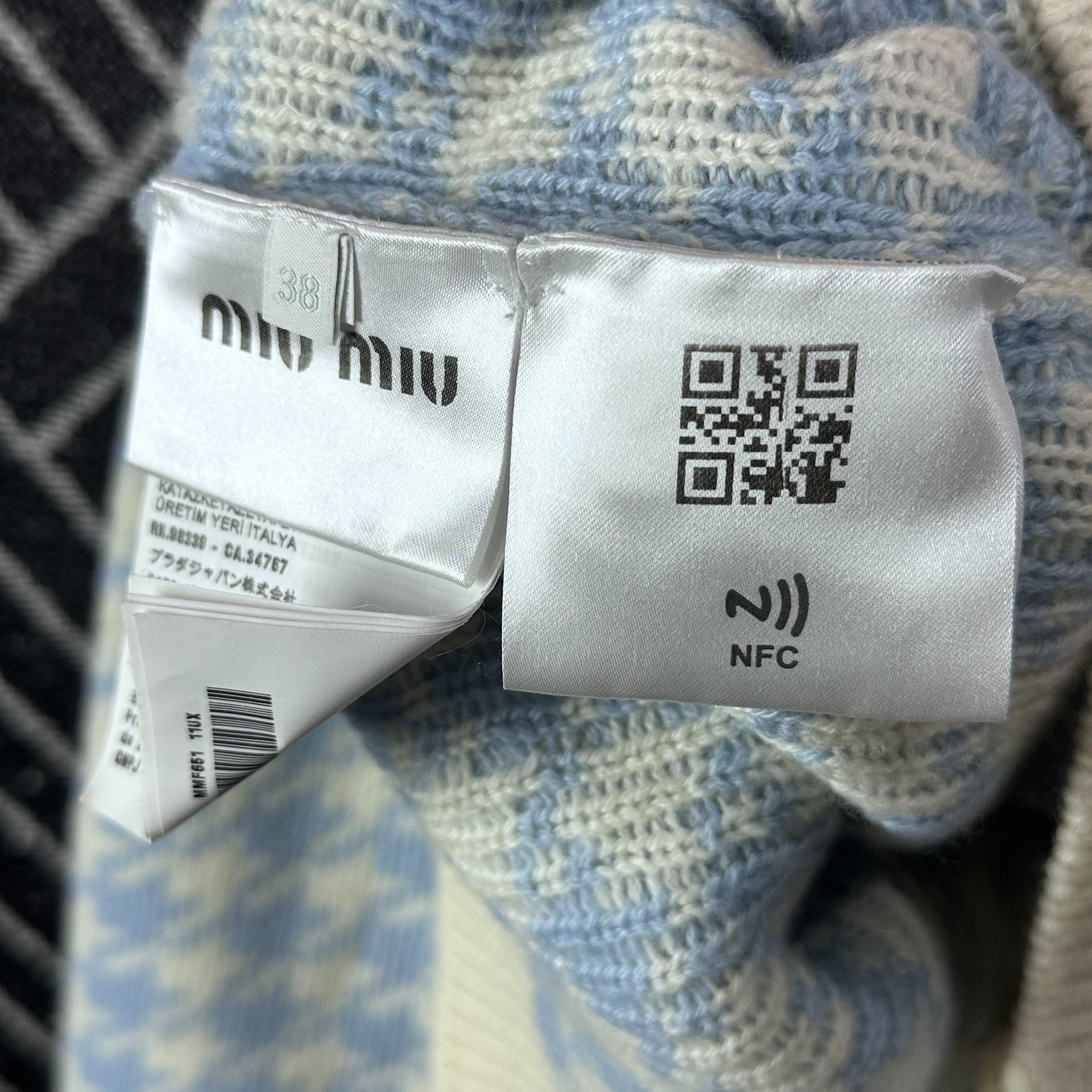 Miu Miu Miumiu Blue Embroidered Logo Houndstooth Cashmere Cardigan Size S / US 4 / IT 40 - 9 Thumbnail