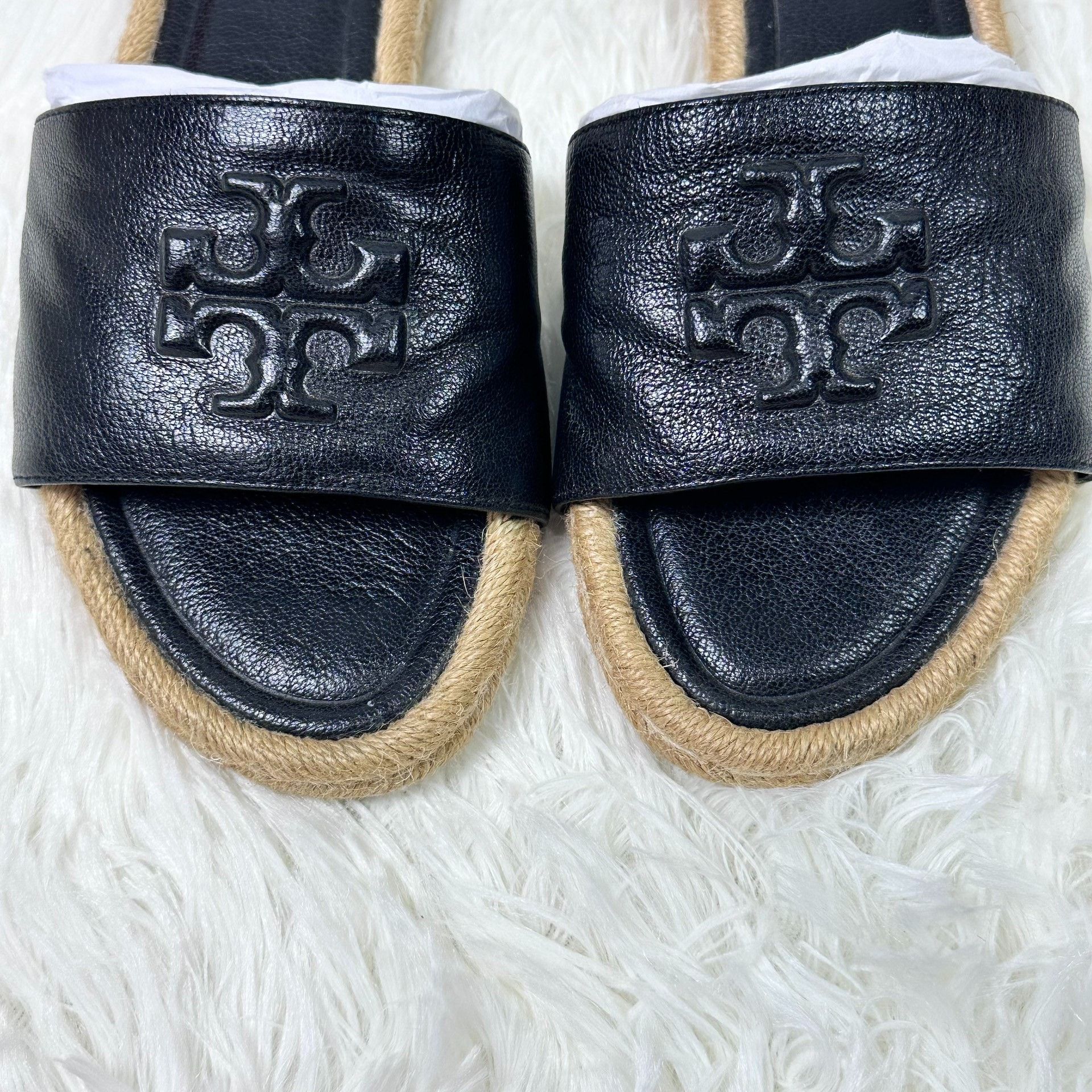 Tory Burch Tory Burch Black Leather Straw Slides Size US 7 / IT 37 - 5 Thumbnail