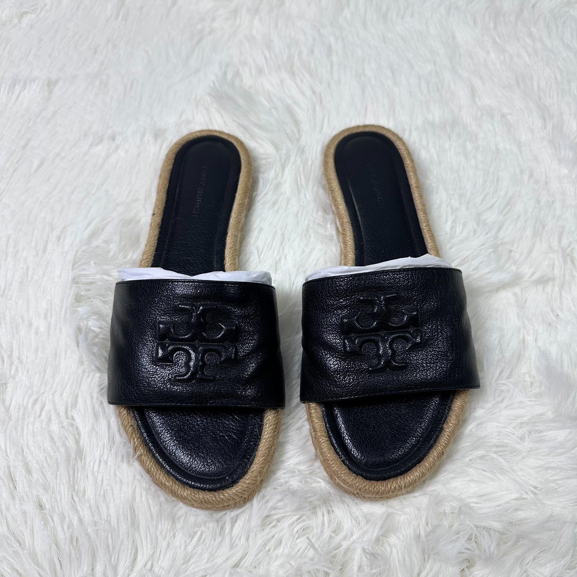 Tory Burch Tory Burch Black Leather Straw Slides Size US 7 / IT 37 - 2 Thumbnail