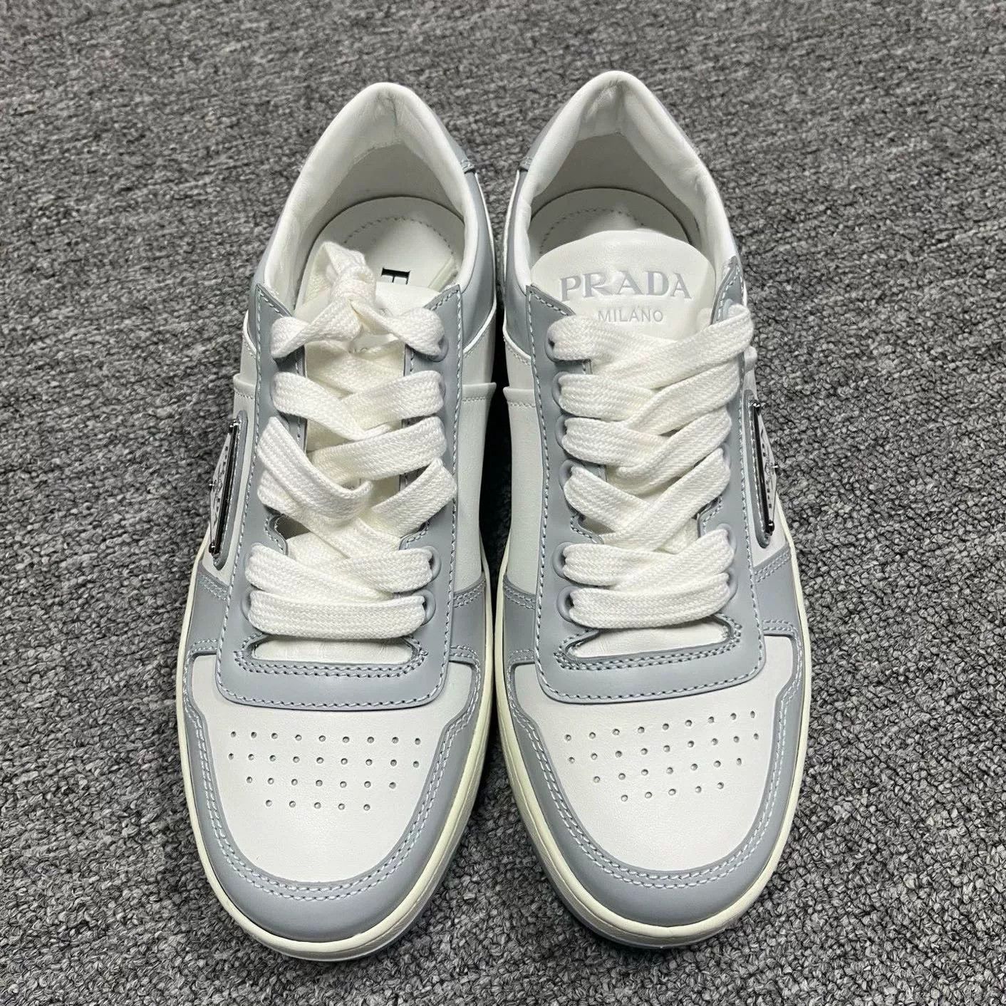 Prada Prada White Gray Leather Low-Top Sneakers Size US 4.5 / IT 34.5 - 2 Thumbnail