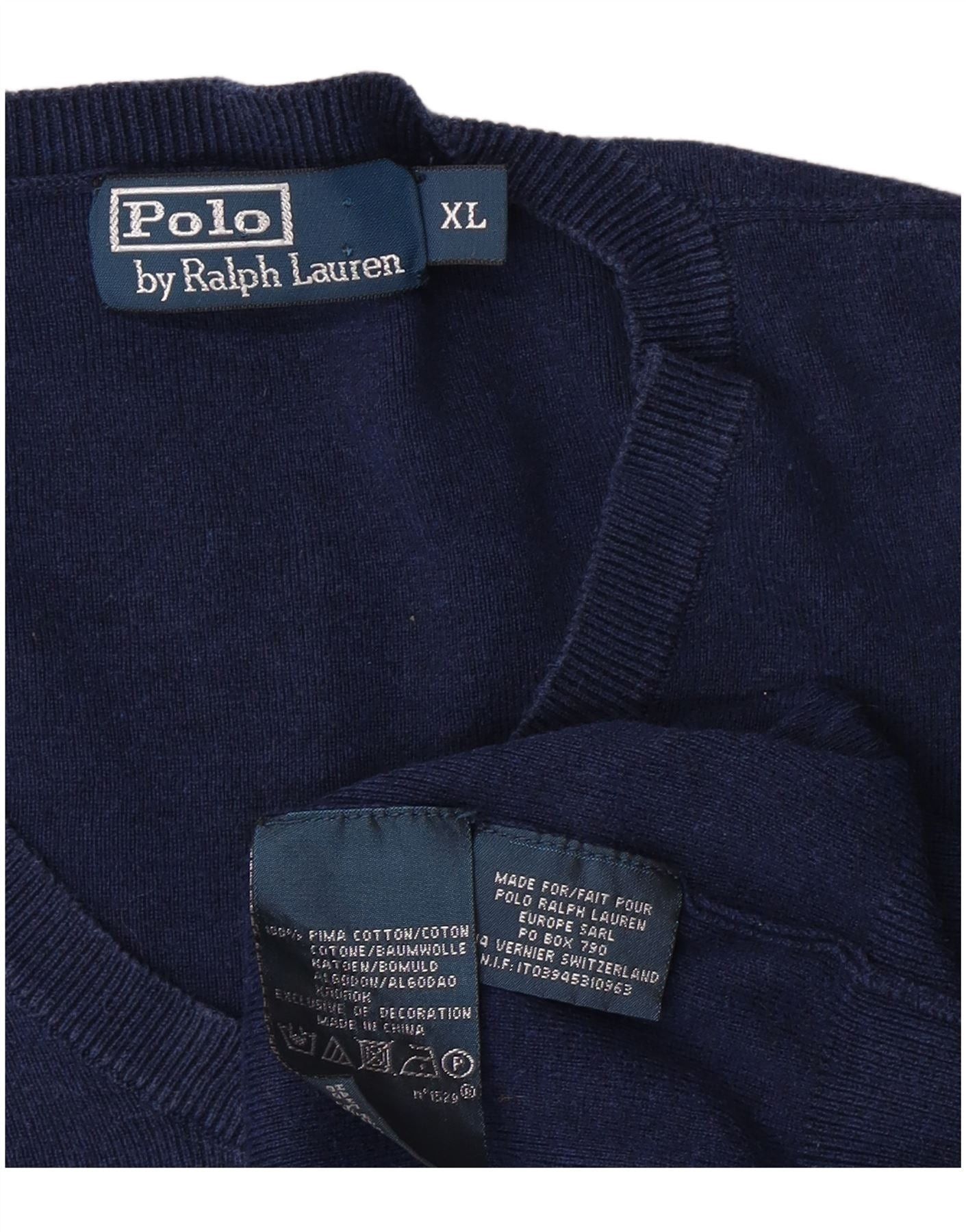 Polo Ralph Lauren Mens V-Neck Jumper Sweater XL Navy Blue Cotton Size US XXL / EU 58 / 5 - 3 Thumbnail