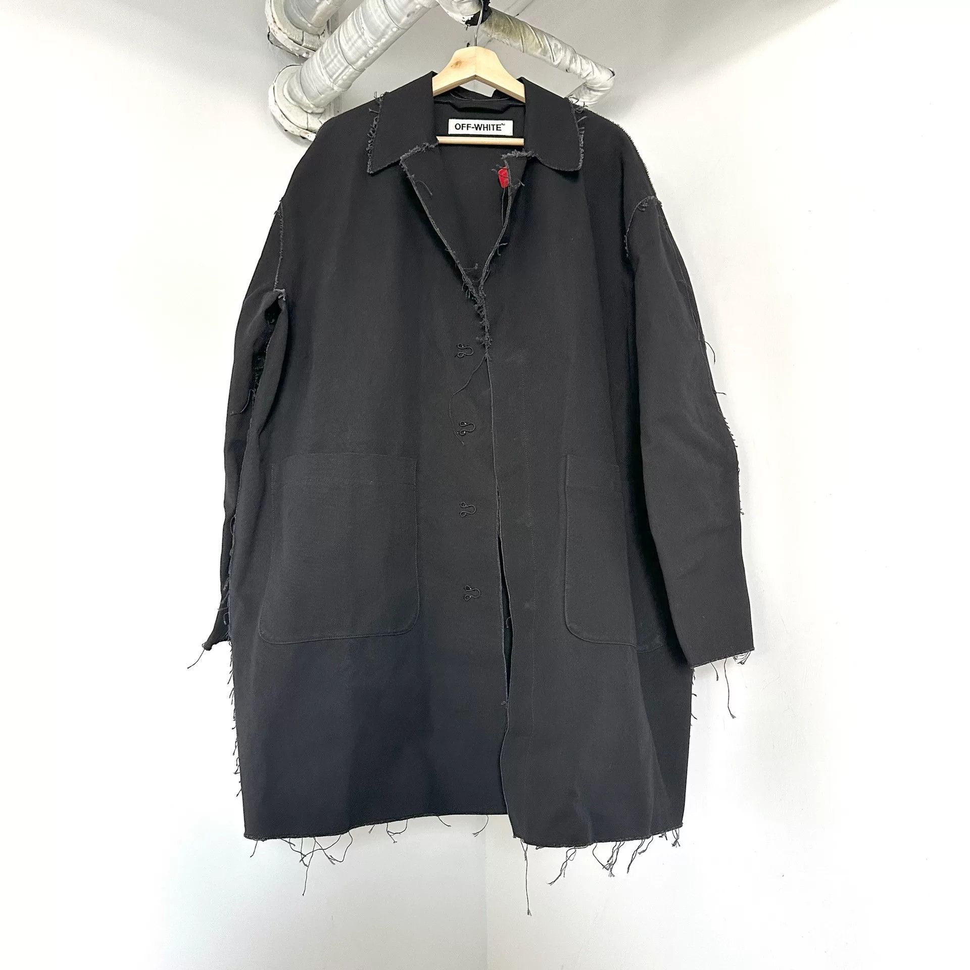 Off-White OFF White Black Distressed Fringe Back Stripe Pocket Coat Size US M / EU 48-50 / 2 - 2 Thumbnail