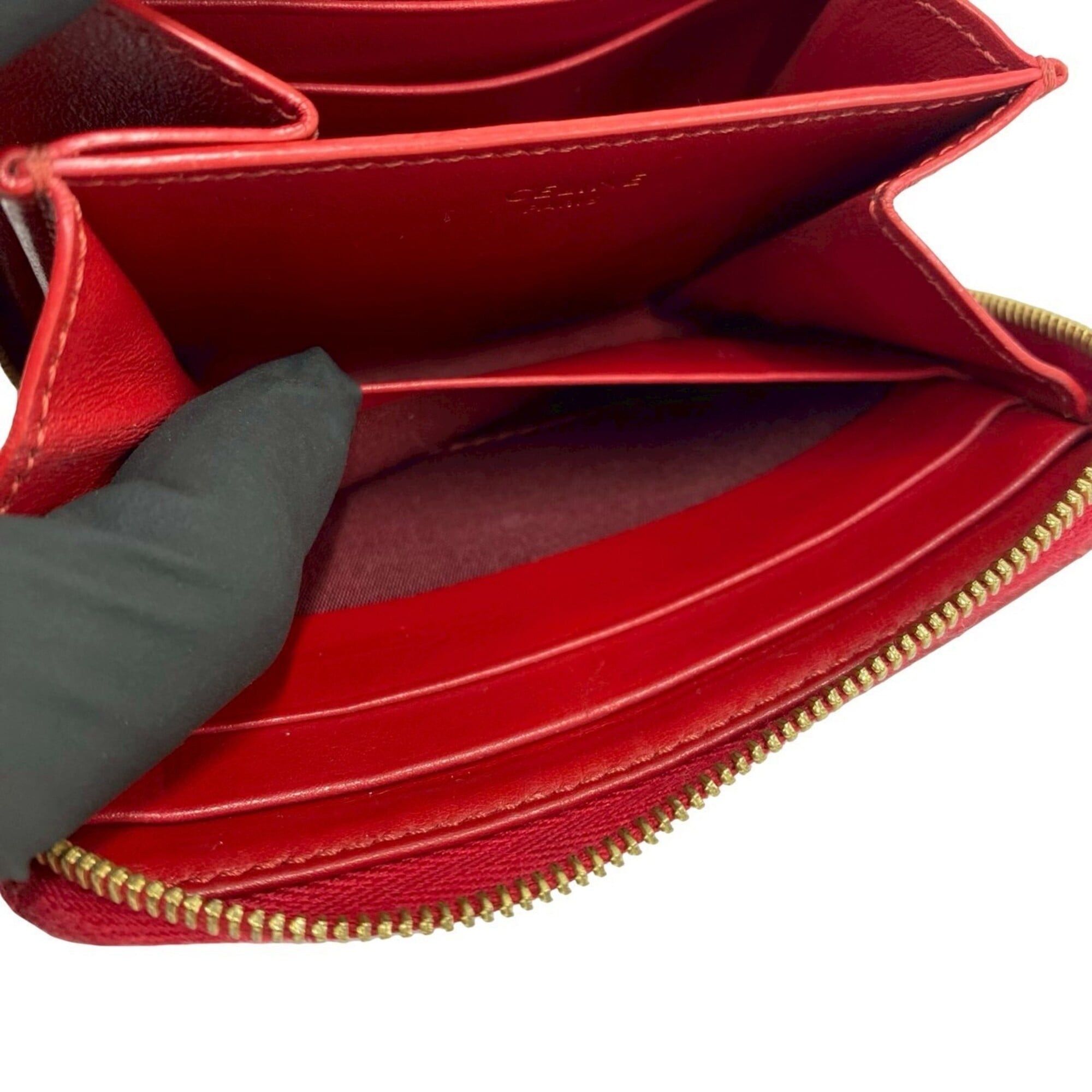 Celine CELINE Compact Zip Wallet, C Motif Hardware, Quilted Leather, Genuine Bi-fold Coin Purse, Red, 29943 Size ONE SIZE - 8 Thumbnail