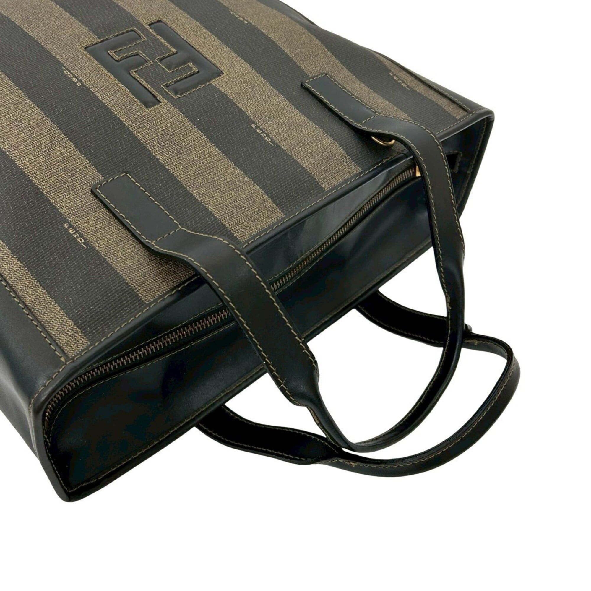 Fendi FENDI Pequin Pattern Stripe Zucca FF Leather Handbag Mini Tote Bag Black Khaki 44455 Size ONE SIZE - 4 Thumbnail