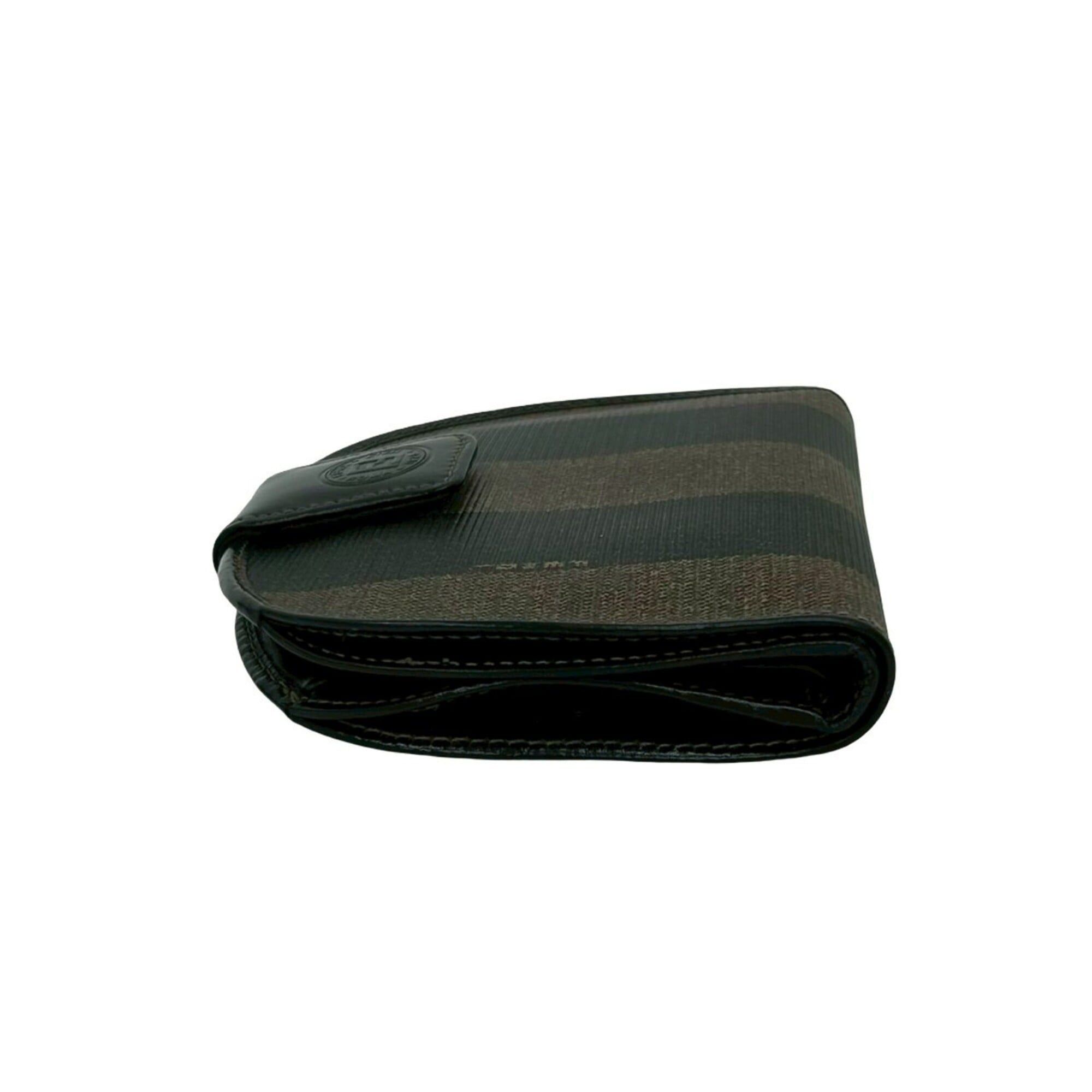 Fendi FENDI Pequin Pattern Stripe Logo Leather Bi-fold Wallet Mini Coin Purse Black Brown 78390 Size ONE SIZE - 4 Thumbnail