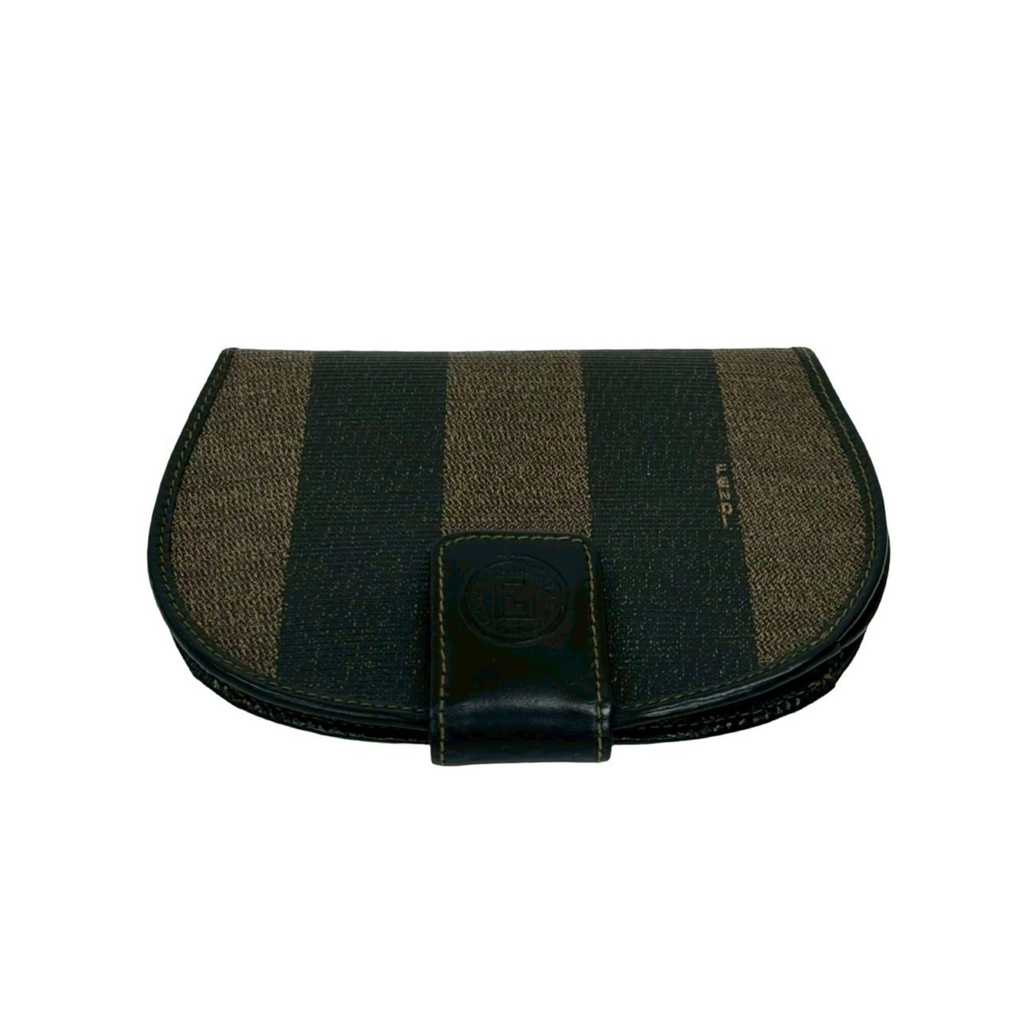 Fendi FENDI Pequin Pattern Stripe Logo Leather Bi-fold Wallet Mini Coin Purse Black Brown 78390 Size ONE SIZE - 3 Thumbnail