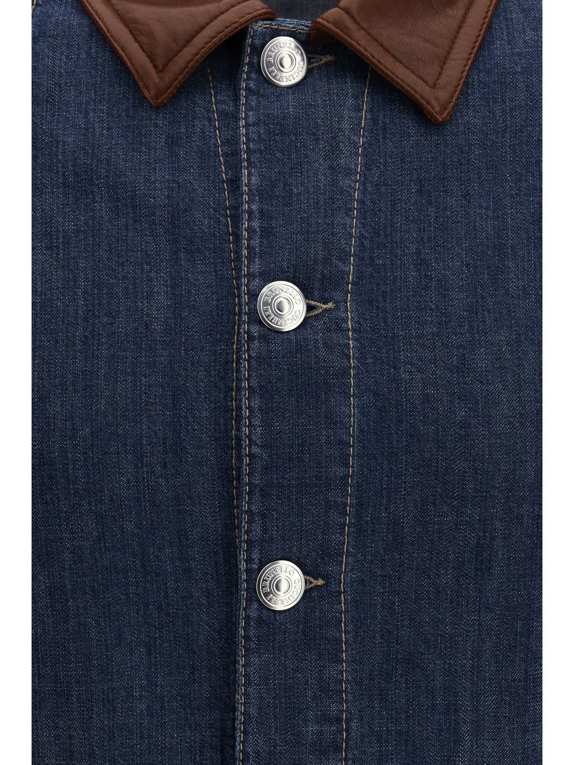 Brunello Cucinelli Denim Jacket with leather collar Size US M / EU 48-50 / 2 - 3 Thumbnail