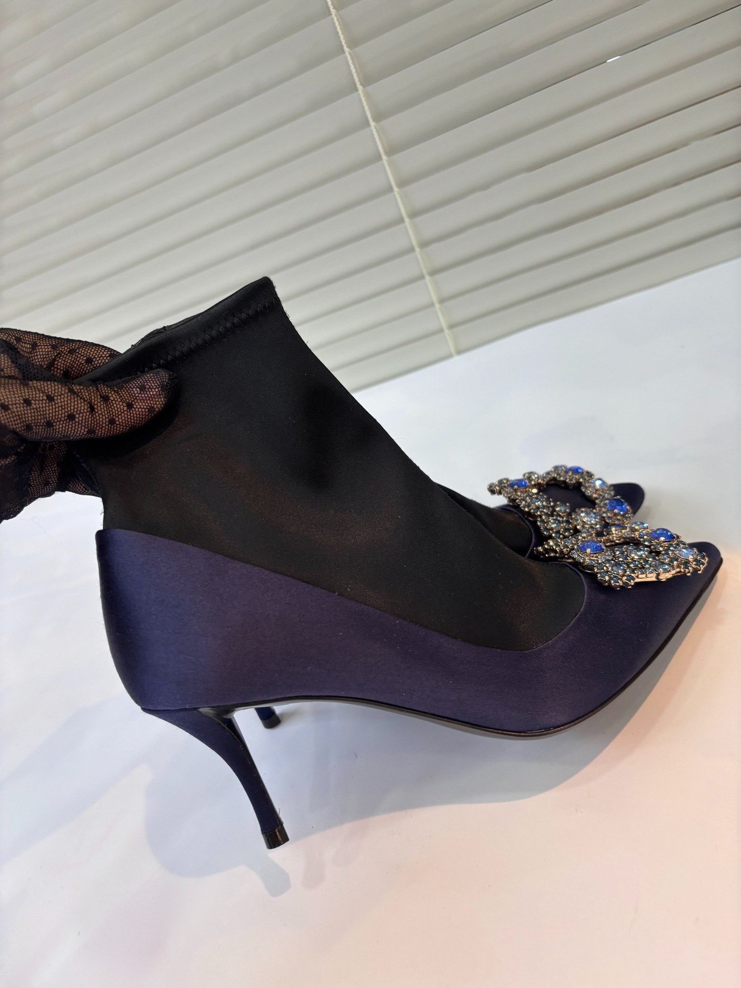 Roger Vivier RV Blue Satin Diamond Buckle Ankle Boots Size US 5 / IT 35 - 6 Thumbnail