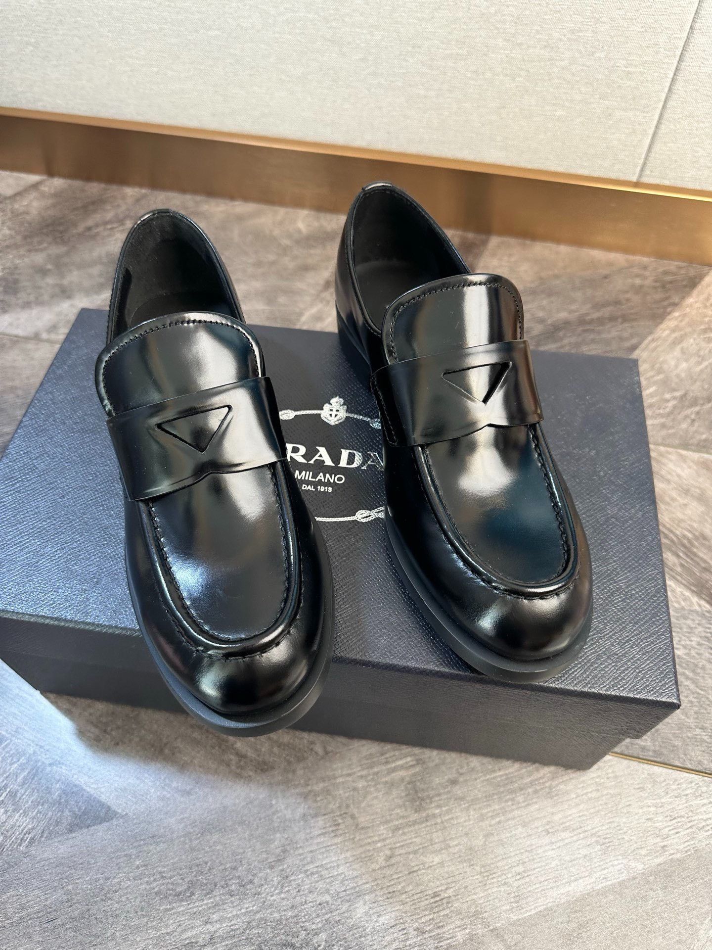 Prada Prada Black Leather Triangle Logo Loafers Size US 5 / IT 35 - 2 Thumbnail
