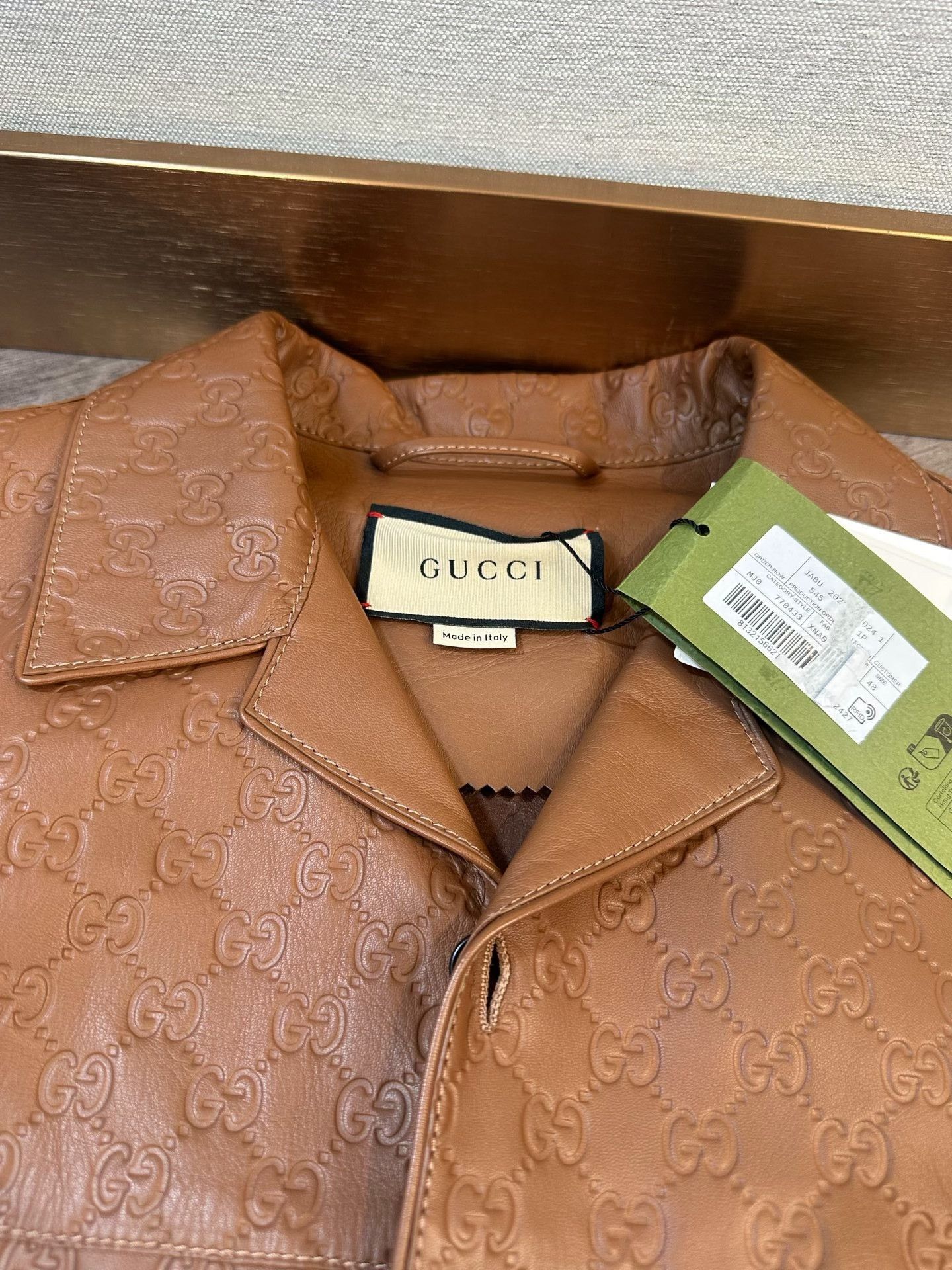 Gucci Gucci Brown Single-Breasted Logo Embossed Leather Jacket Size US S / EU 44-46 / 1 - 6 Thumbnail