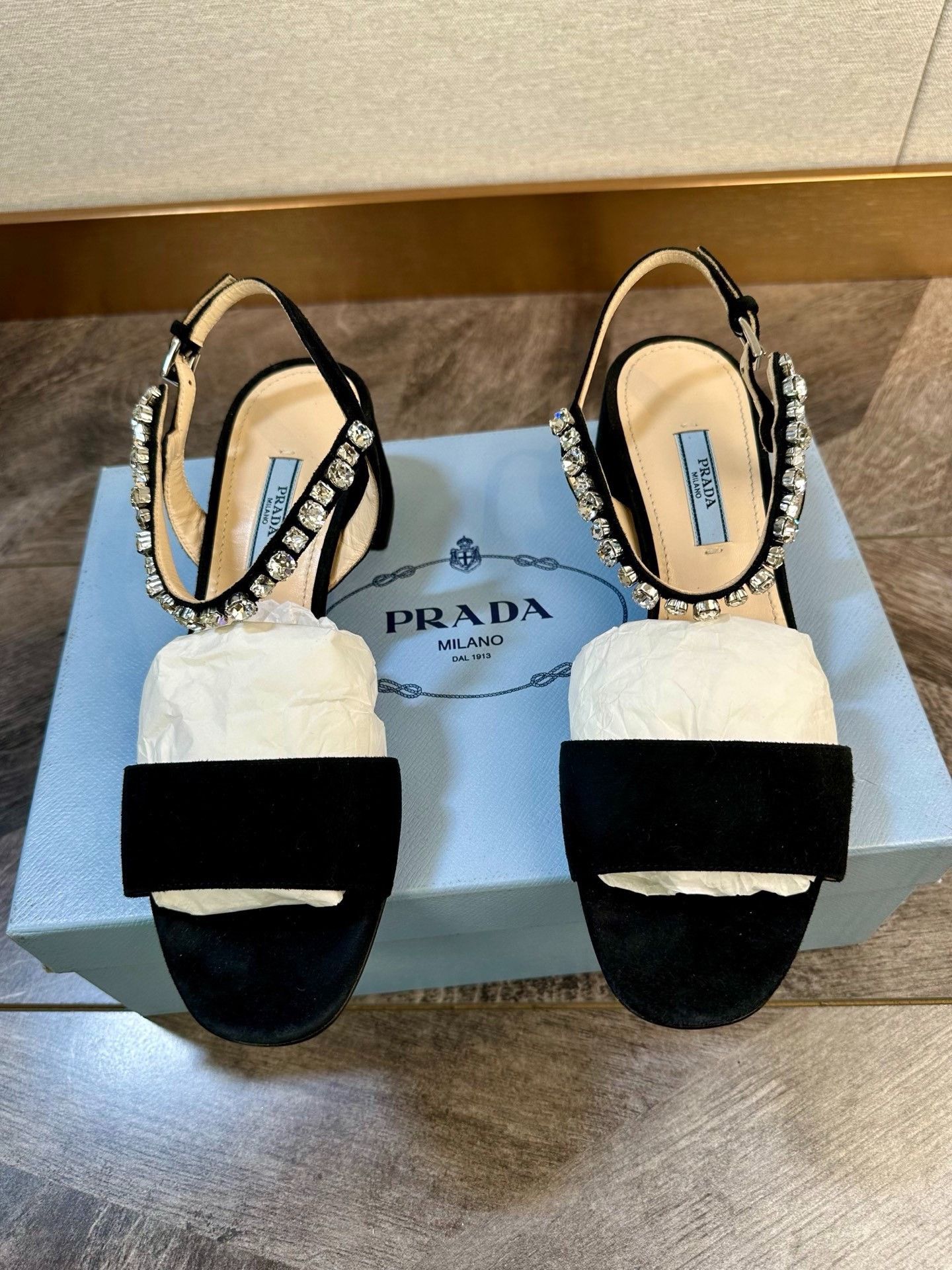 Prada Prada Black Suede Rhinestone Sandals Size US 6.5 / IT 36.5 - 3 Thumbnail