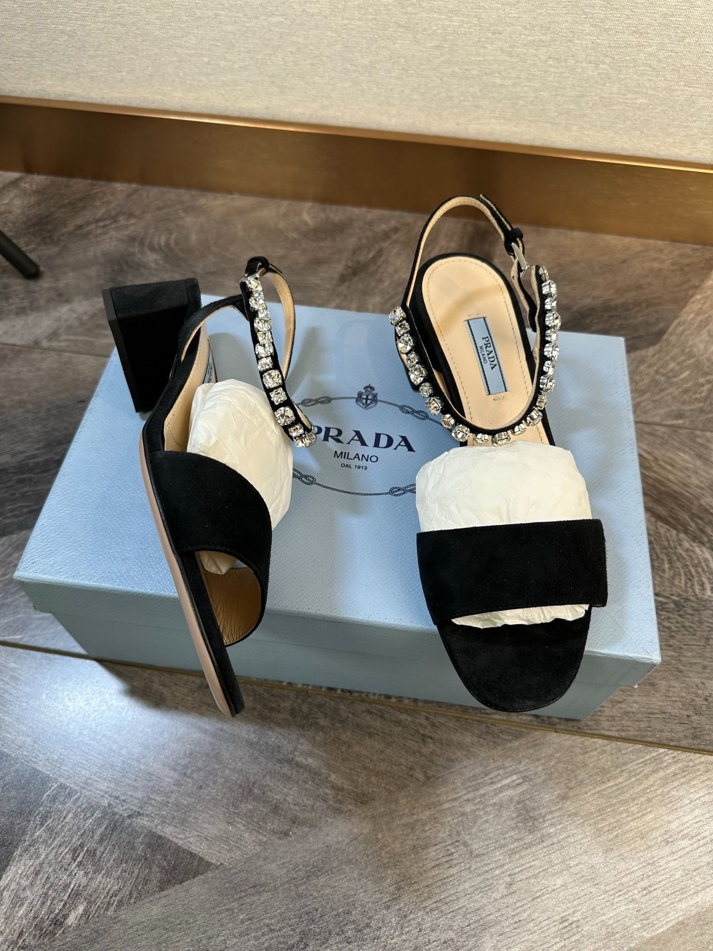 Prada Prada Black Suede Rhinestone Sandals Size US 6.5 / IT 36.5 - 4 Thumbnail