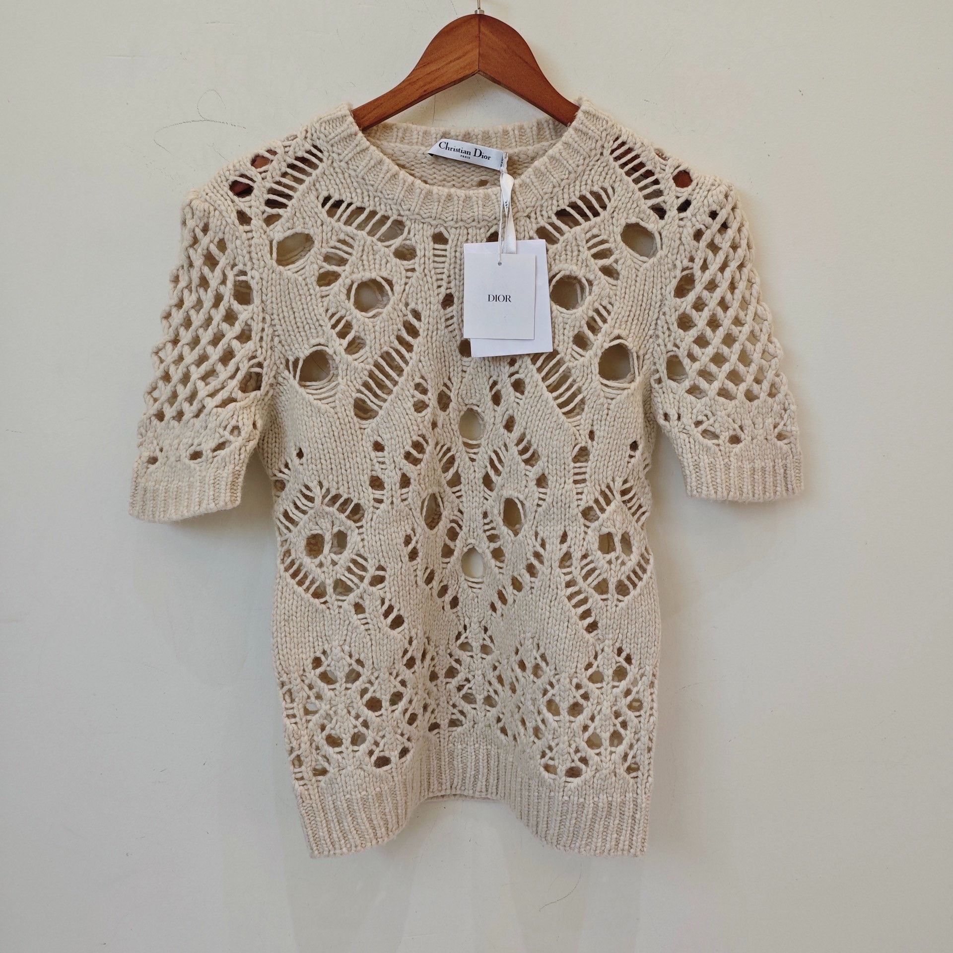 Dior Dior Beige Openwork Knit Short-Sleeve Sweater Size S / US 4 / IT 40 - 2 Thumbnail