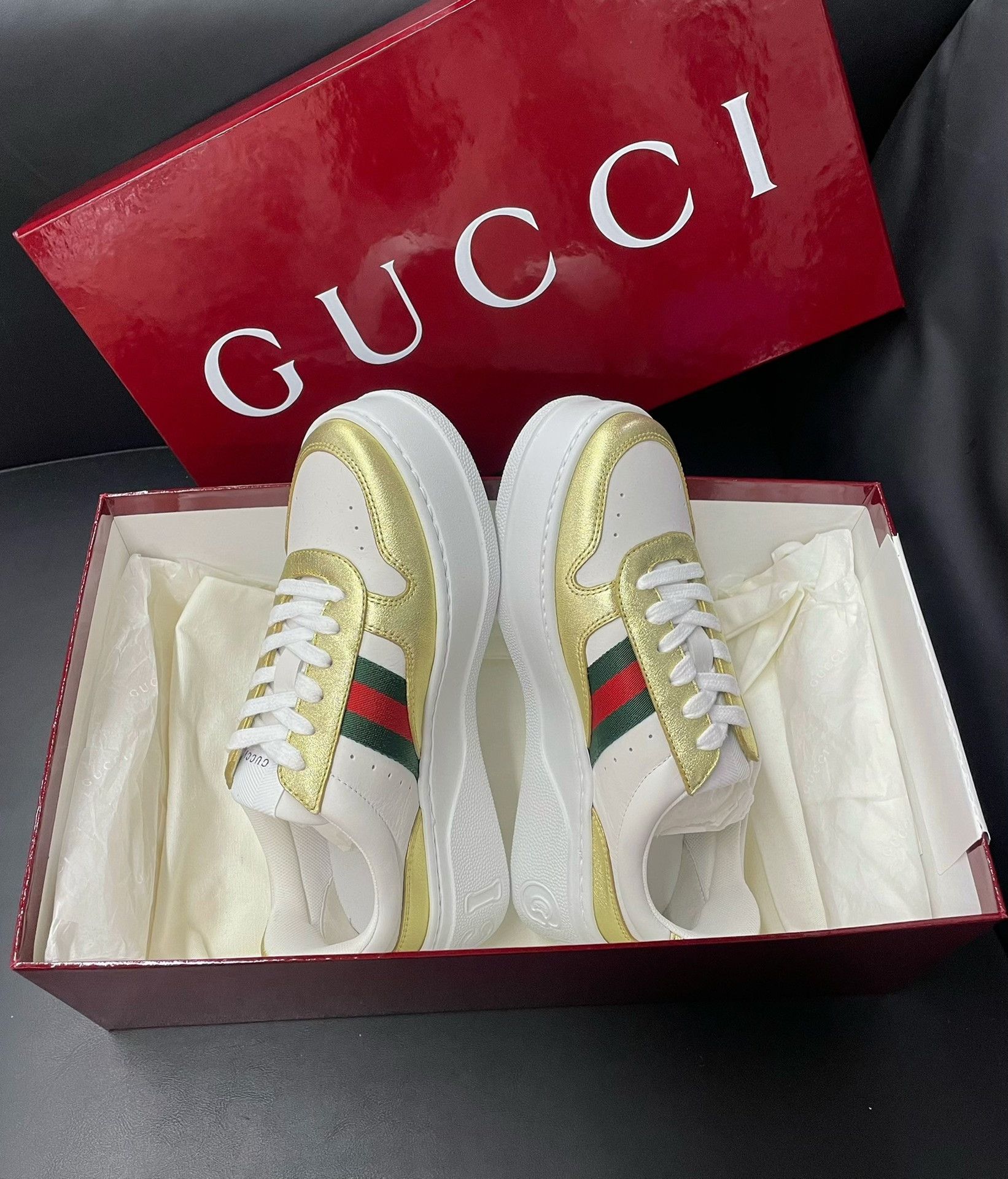 Gucci Gucci Gold-White Thick-Sole Sneakers Size US 4 / IT 34 - 5 Thumbnail