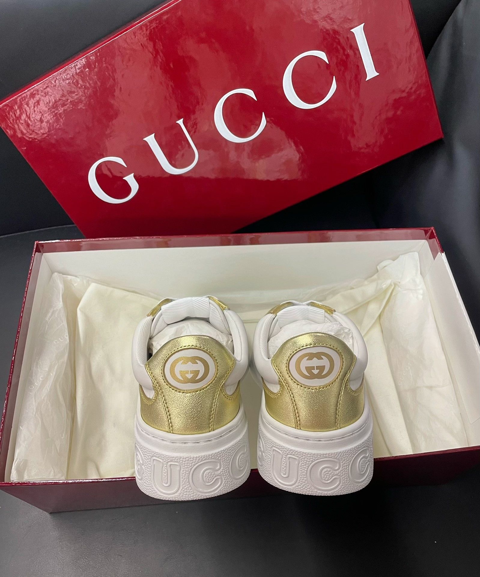 Gucci Gucci Gold-White Thick-Sole Sneakers Size US 4 / IT 34 - 6 Thumbnail